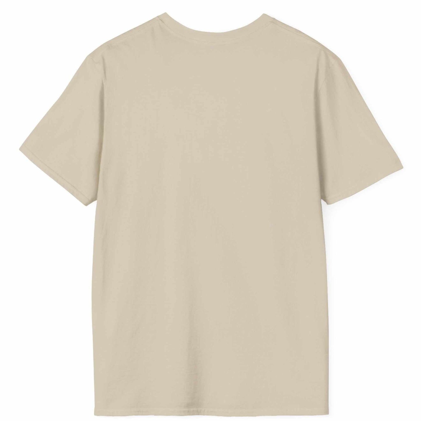 Back view of the sand seamless tubular funny dad t-shirt, displayed on a clean background.