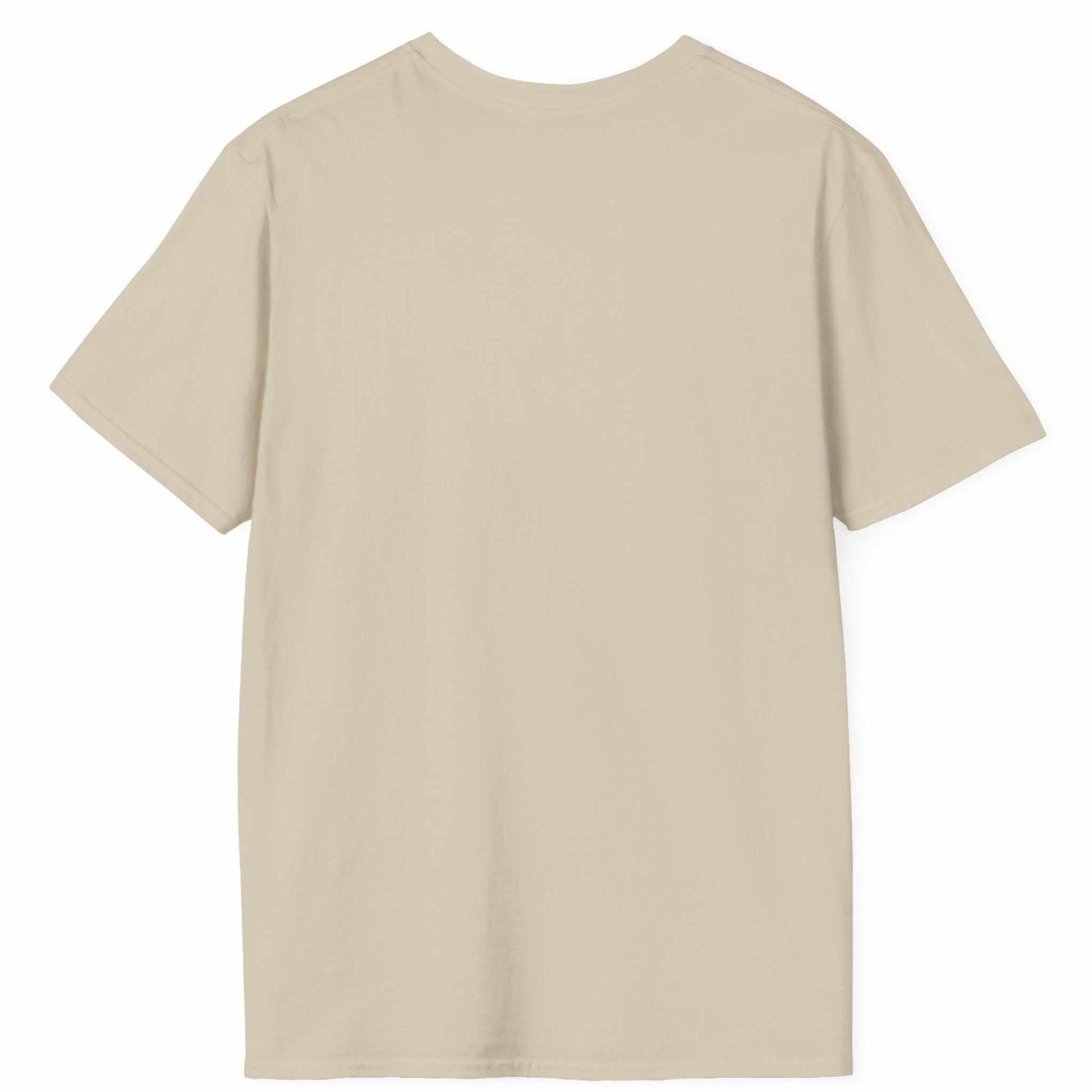 Back view of the sand seamless tubular funny dad t-shirt, displayed on a clean background.