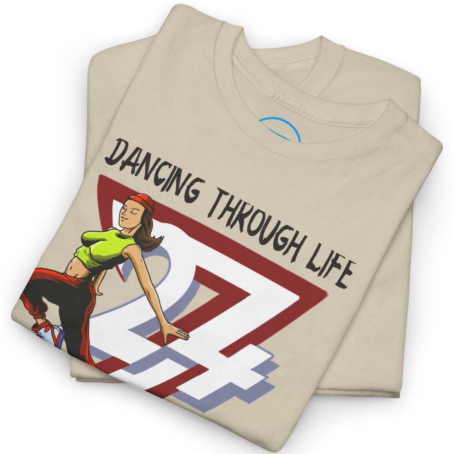 Neatly folded sand street dance graphic tee highlighting the crisp comic-style front print and lightweight fabric, laid flat.