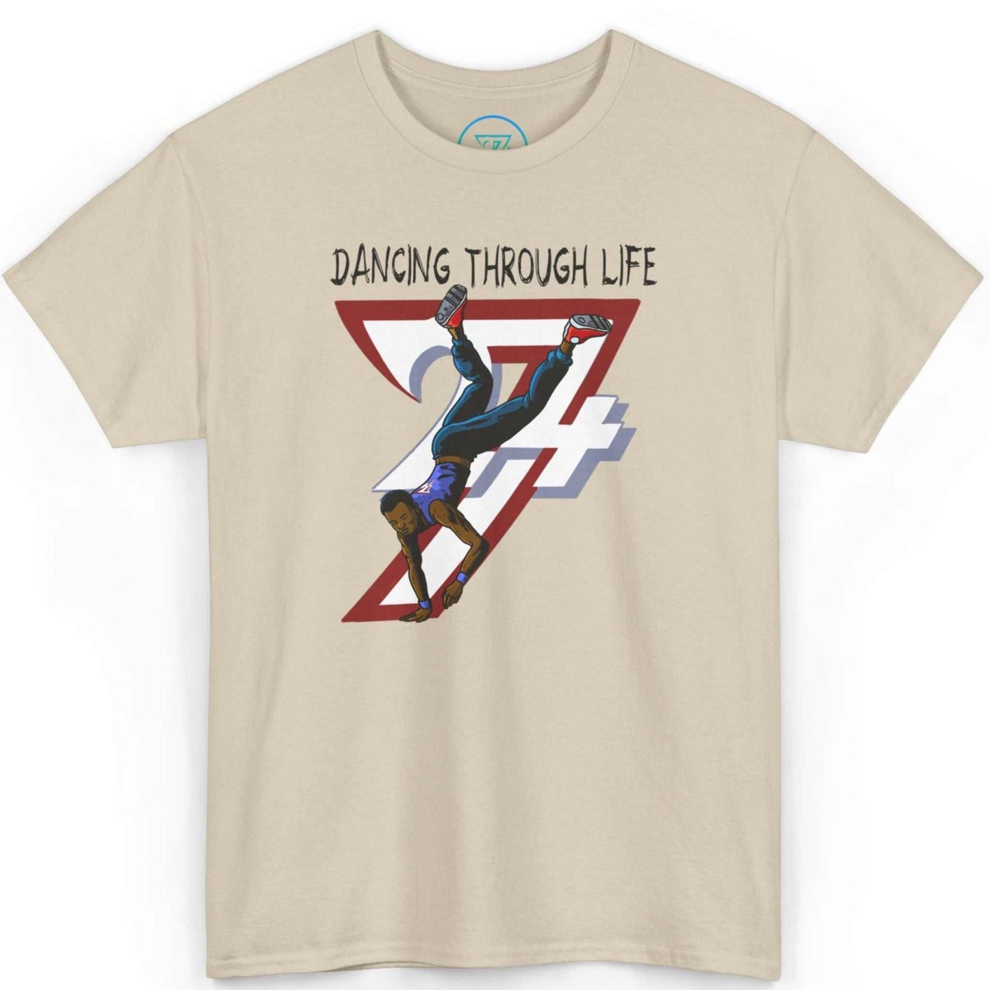 Front view of a sand-colored streetwear graphic shirt highlighting the hand-drawn urban dance art, laid flat on a clean background.