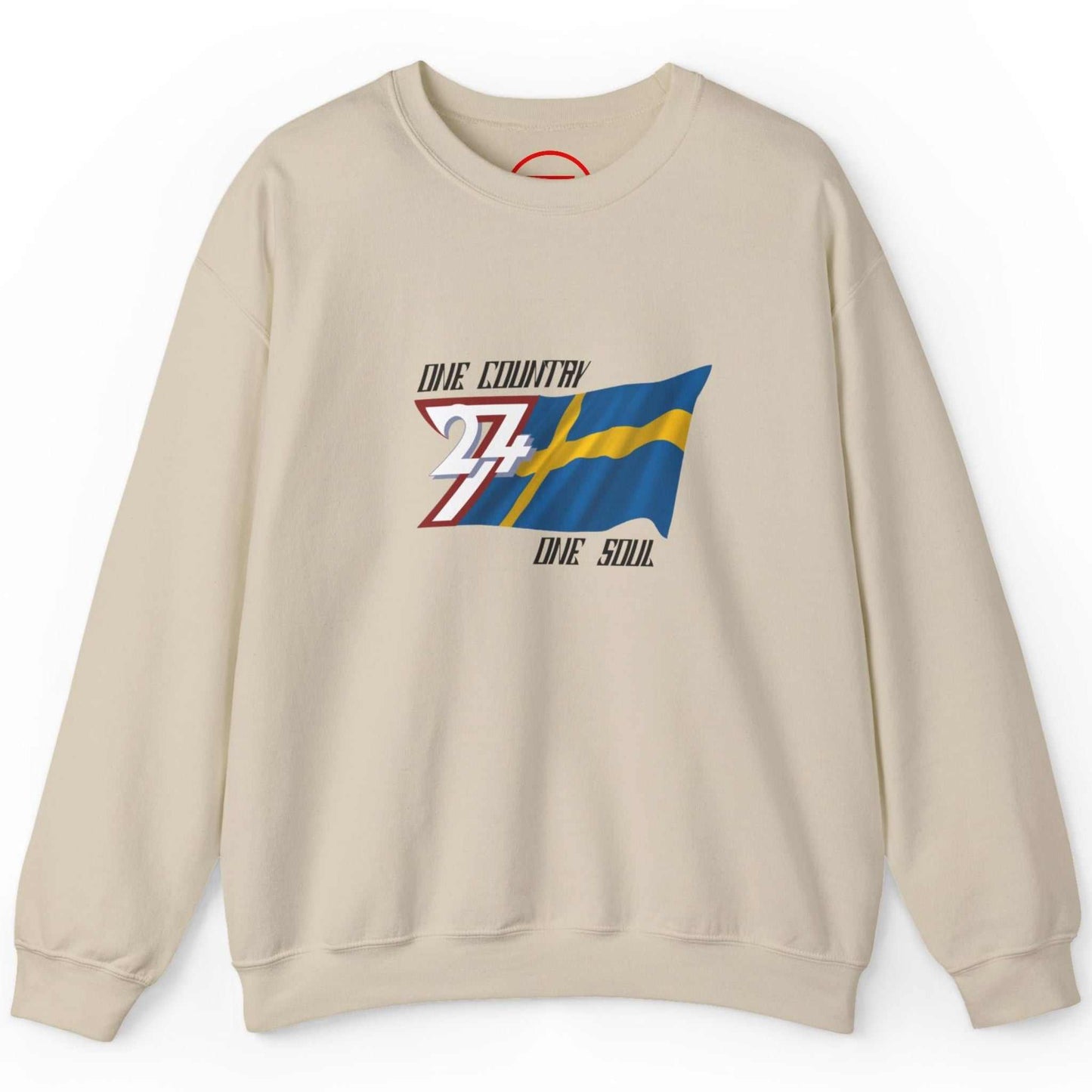 Sand beige Sweden flag pullover showcasing the traditional Nordic flag design, laid flat.