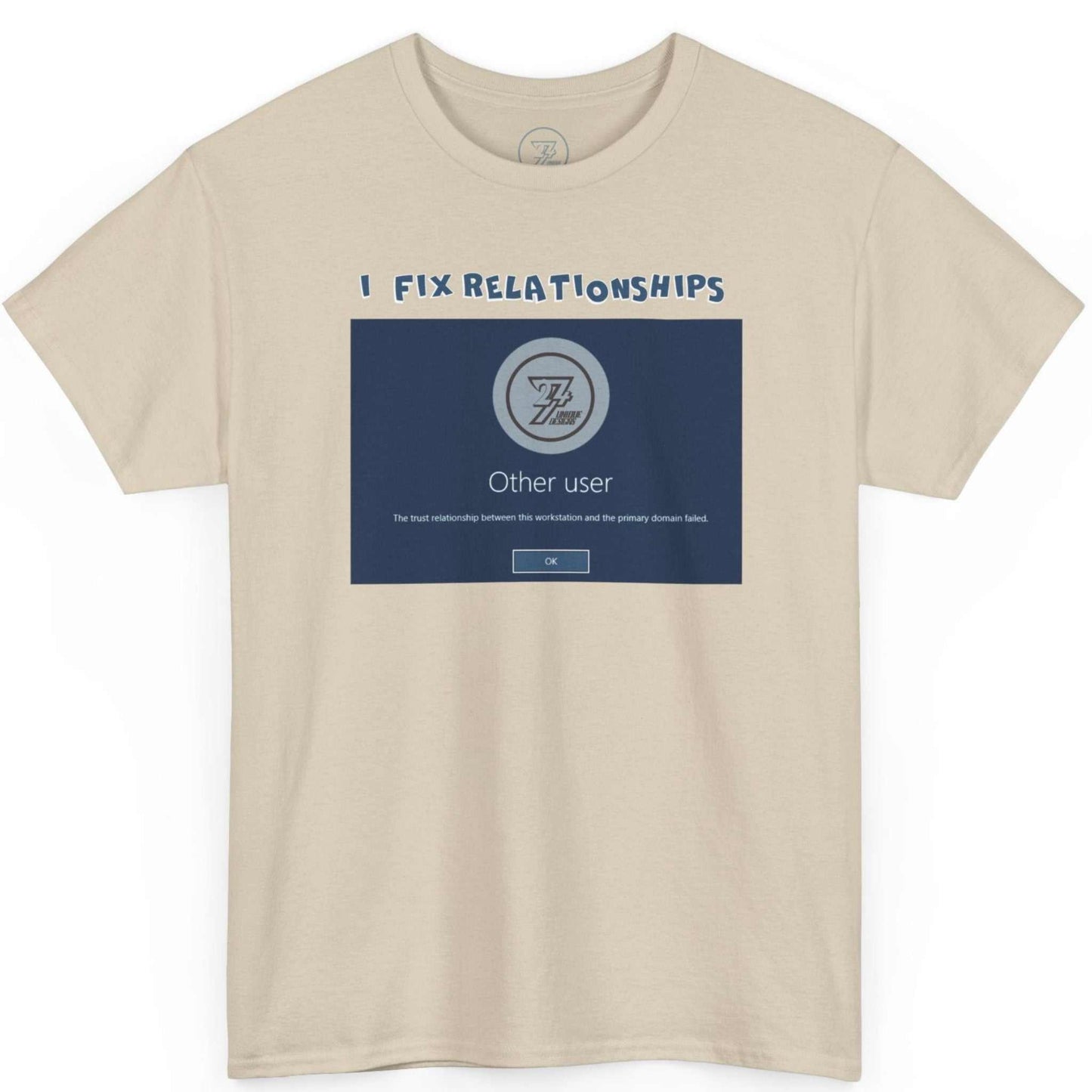 Flat lay of the sand colored SysAdmin joke tee highlighting the mock Windows login screen.