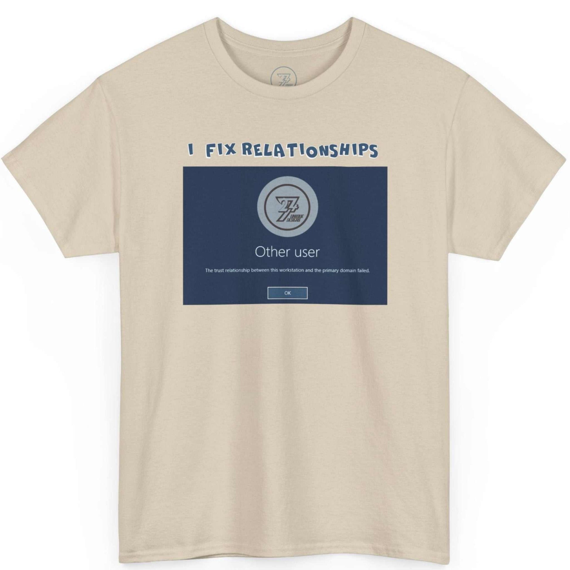 Flat lay of the sand colored SysAdmin joke tee highlighting the mock Windows login screen.