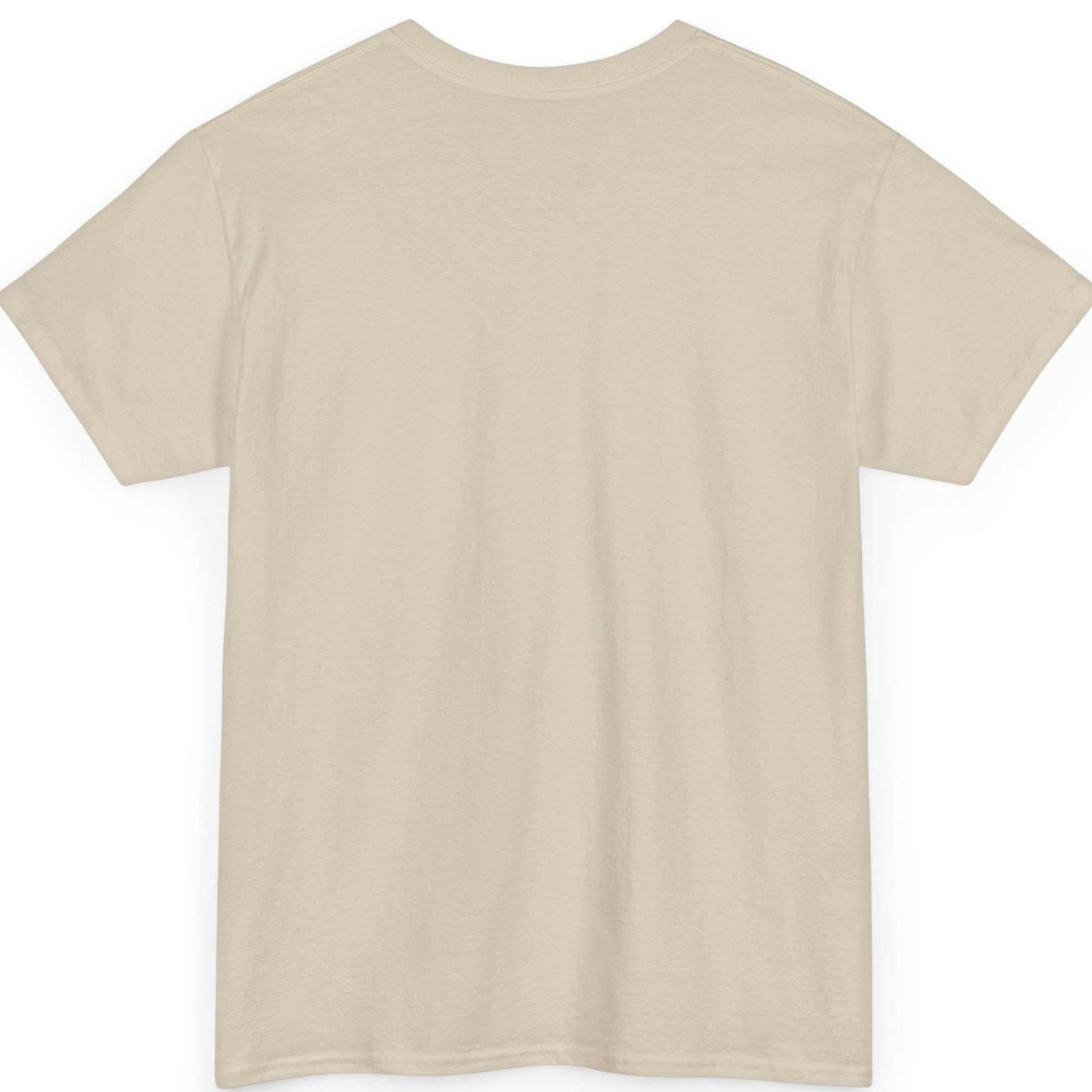 Back view of the sand urban streetwear comic art t-shirt, showing the clean, unprinted cotton tubular back canvas.