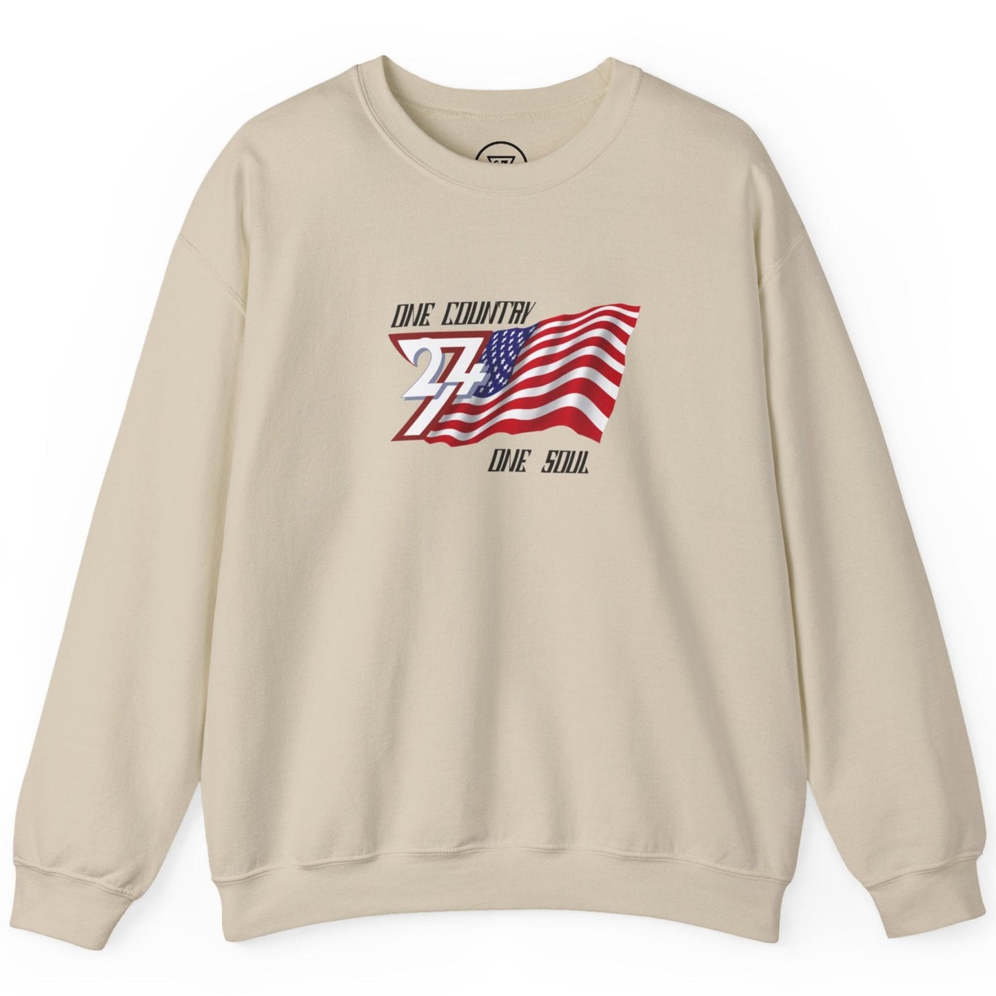 Sand beige USA pride clothing sweatshirt highlighting the One Country slogan, laid flat.