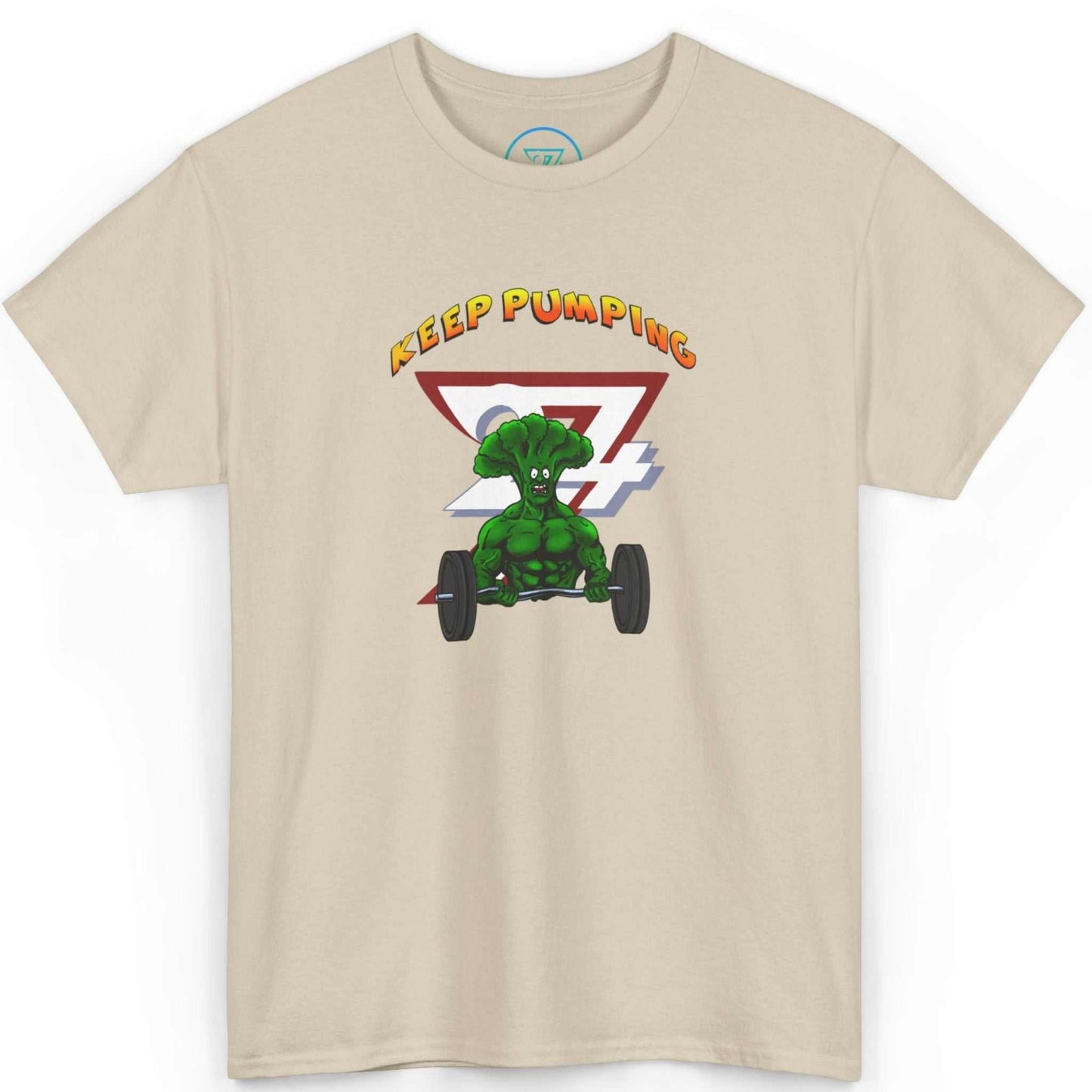 Front view of a sand beige vegan lifting shirt featuring the dynamic Bro Colin comic art, laid flat.