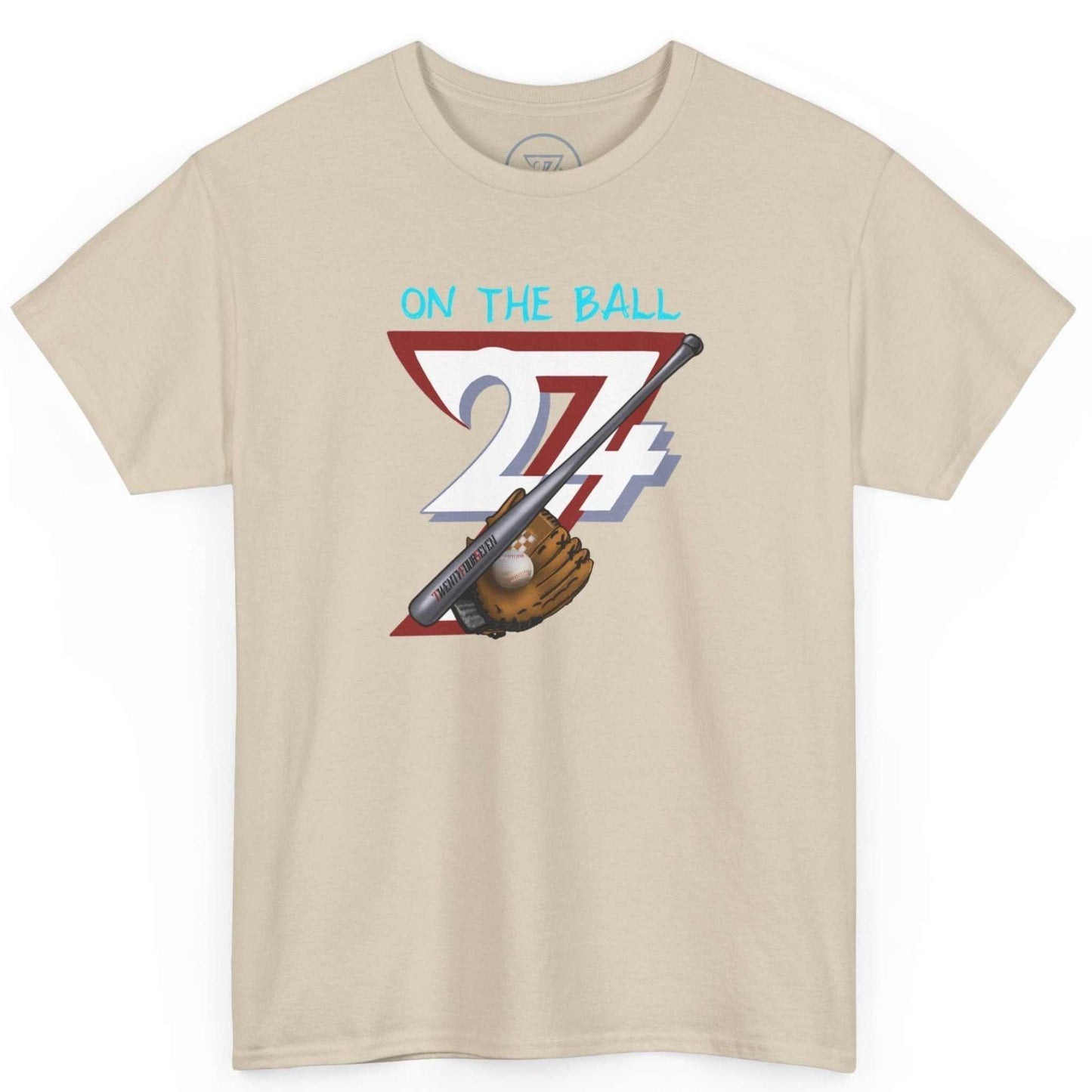Front view of a sand-colored vintage sports t-shirt featuring the 24/7 baseball illustration, laid flat on a clean background.
