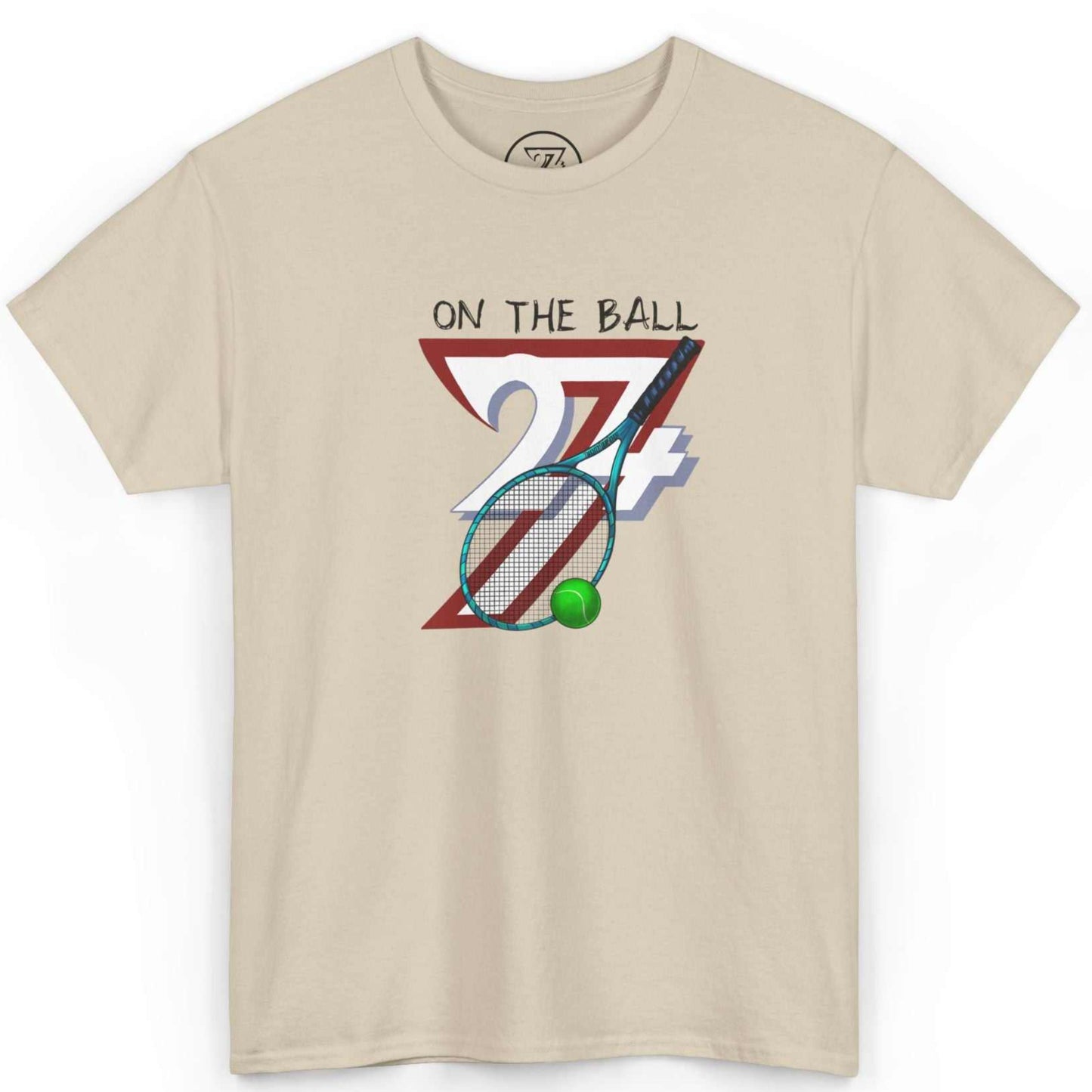 Front view of a sand-colored vintage tennis graphic tee featuring the hand-drawn 90s semi-realistic On The Ball graphic, displayed on a clean background.