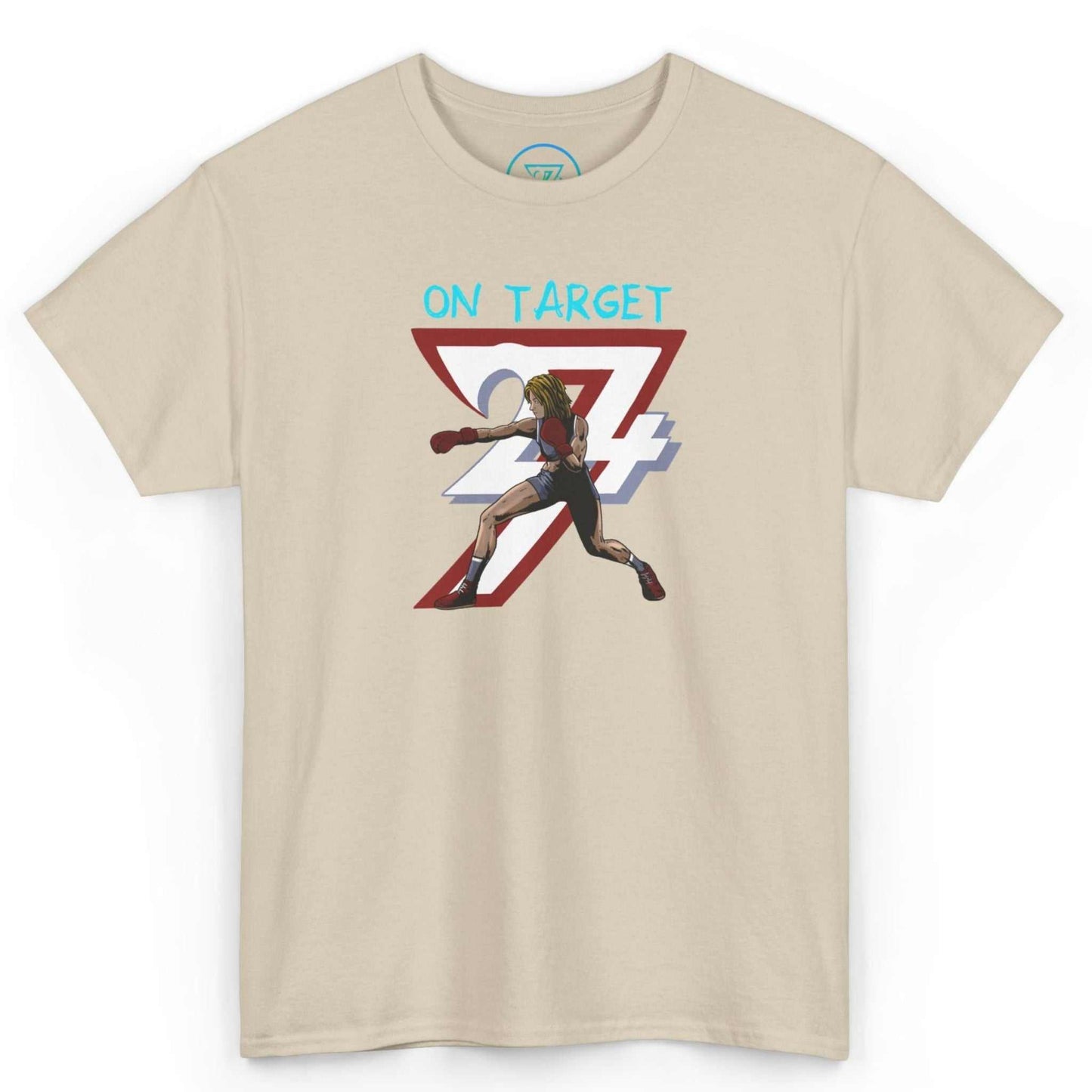Front view of a sand-colored women's boxing graphic tee featuring the 24/7 fighter illustration, laid flat on a clean background.