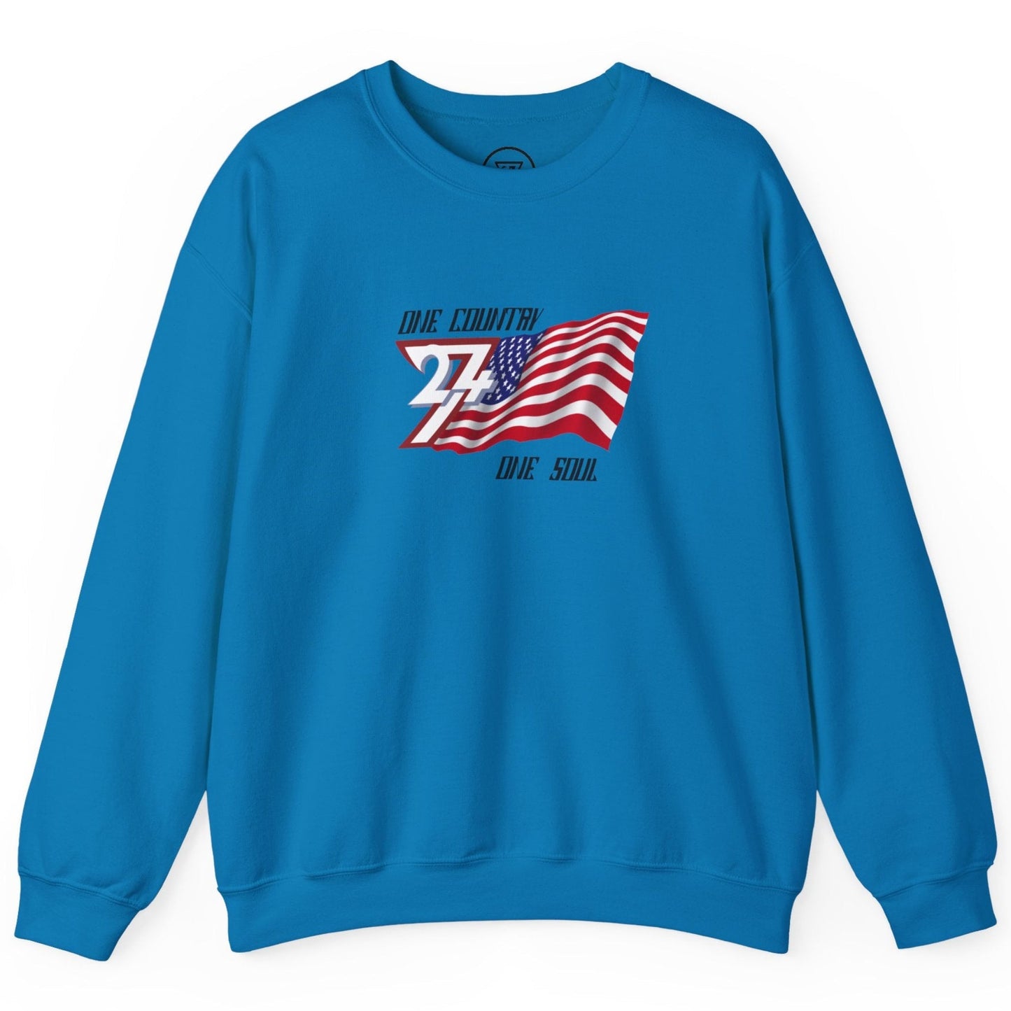 Deep sapphire American flag patriot sweatshirt featuring the One Country One Soul design, shown on a clean background.