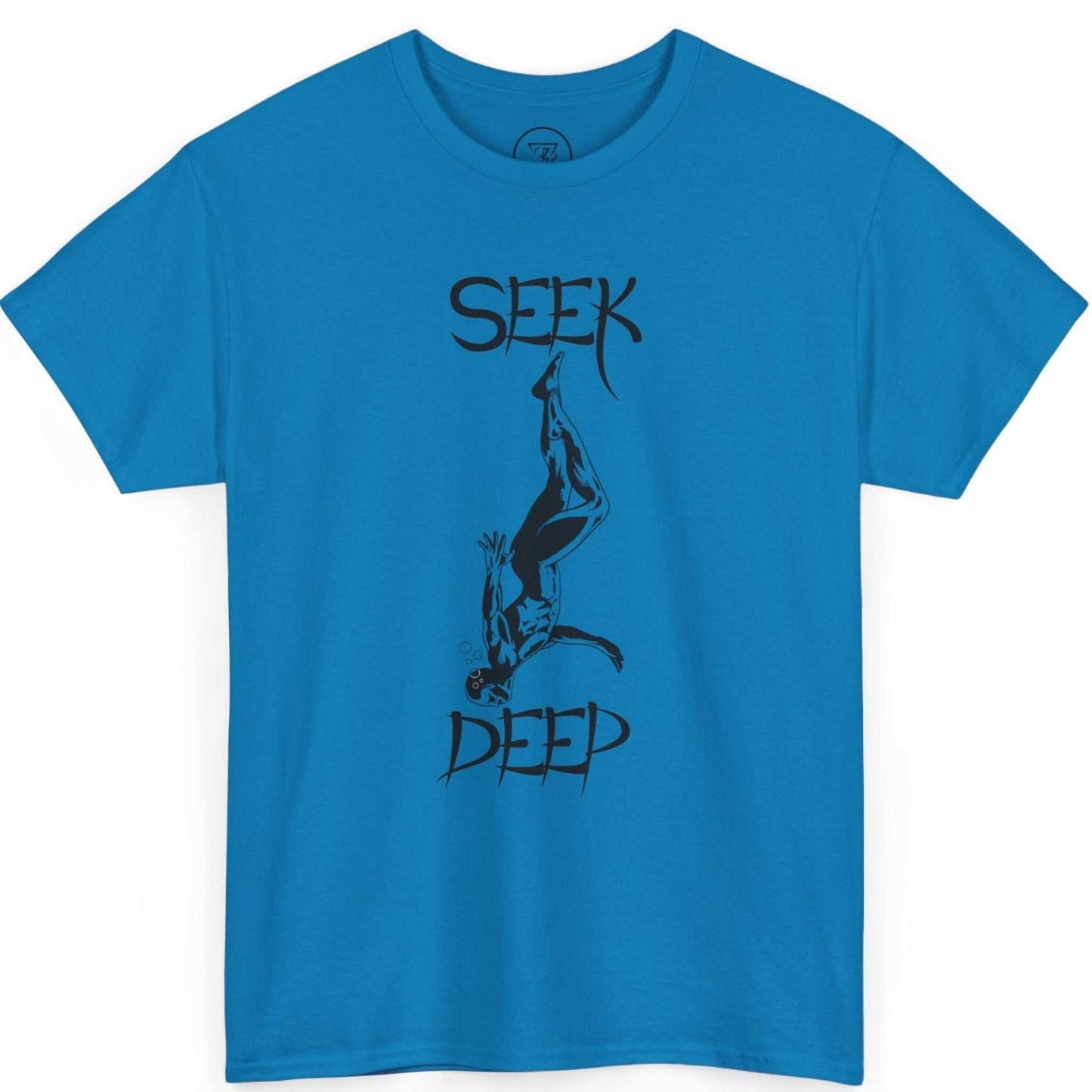 Deep sapphire deep sea diver t-shirt showcasing the bold typography and diver graphic, laid flat.