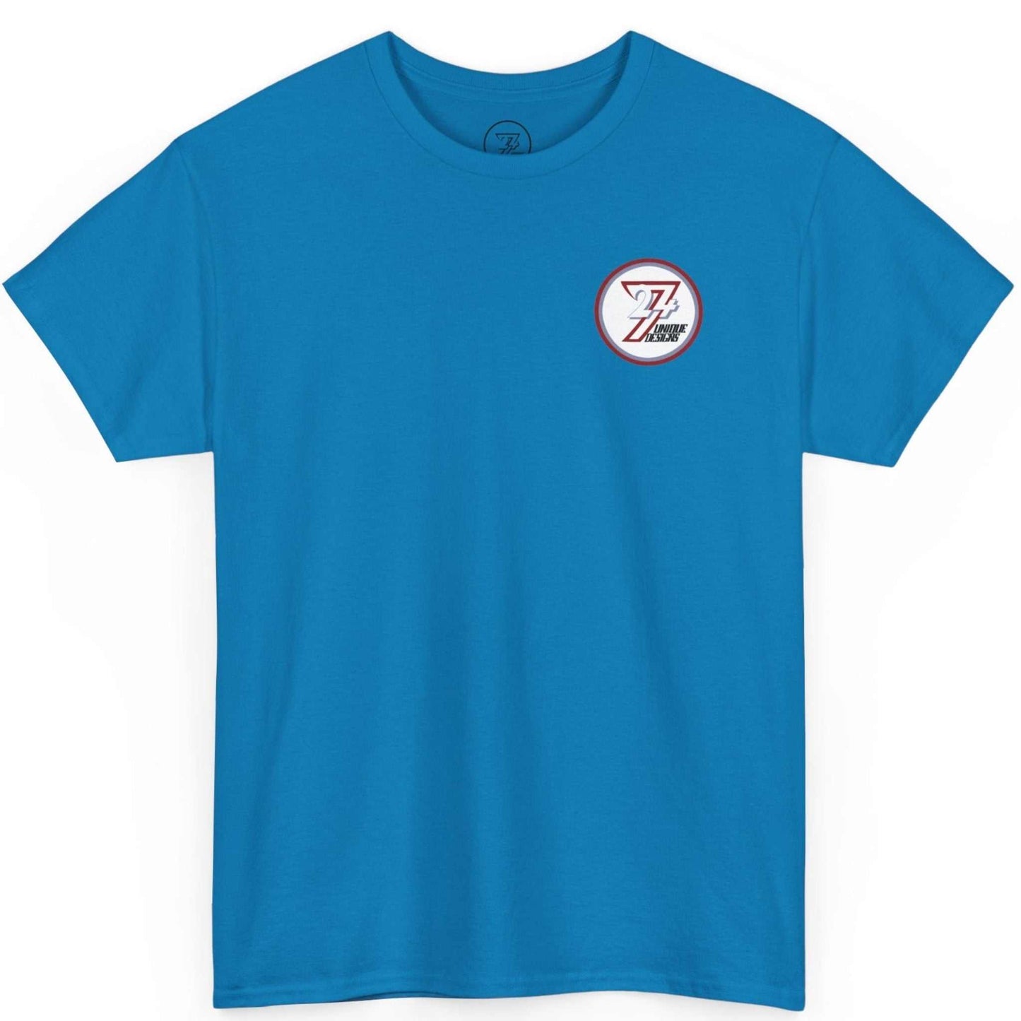 Front view of a sapphire indie comic shirt highlighting the left-chest brand badge, laid flat.