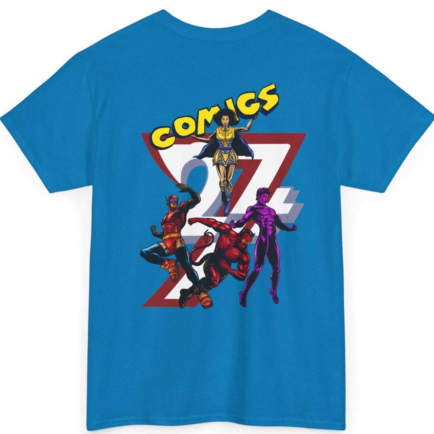 Back view of a bright sapphire original superhero team graphic tee featuring the massive full-color comic panel.