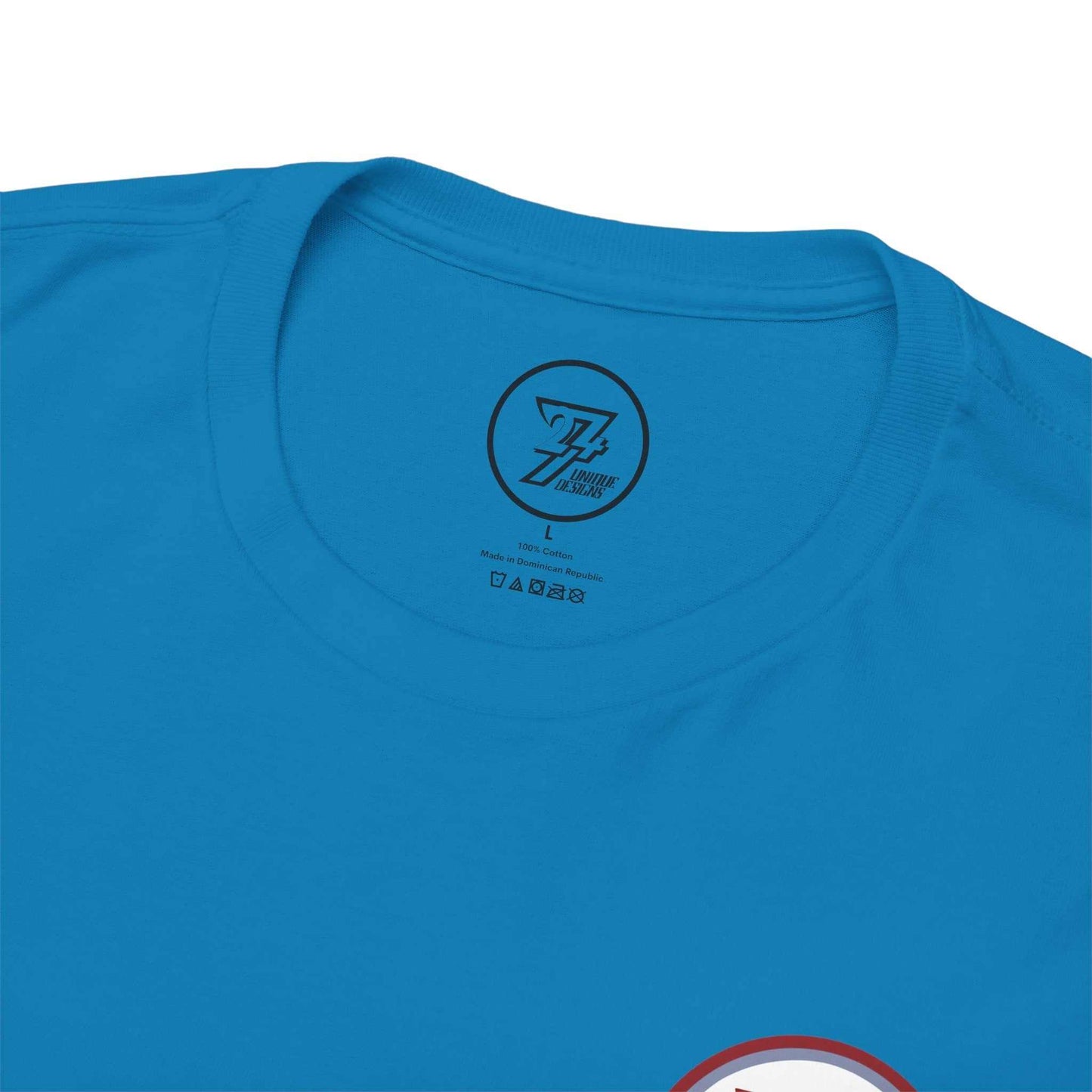 Close-up of the shape-retaining ribbed crew neckline on the sapphire original superhero team graphic tee, highlighting the durable front construction.