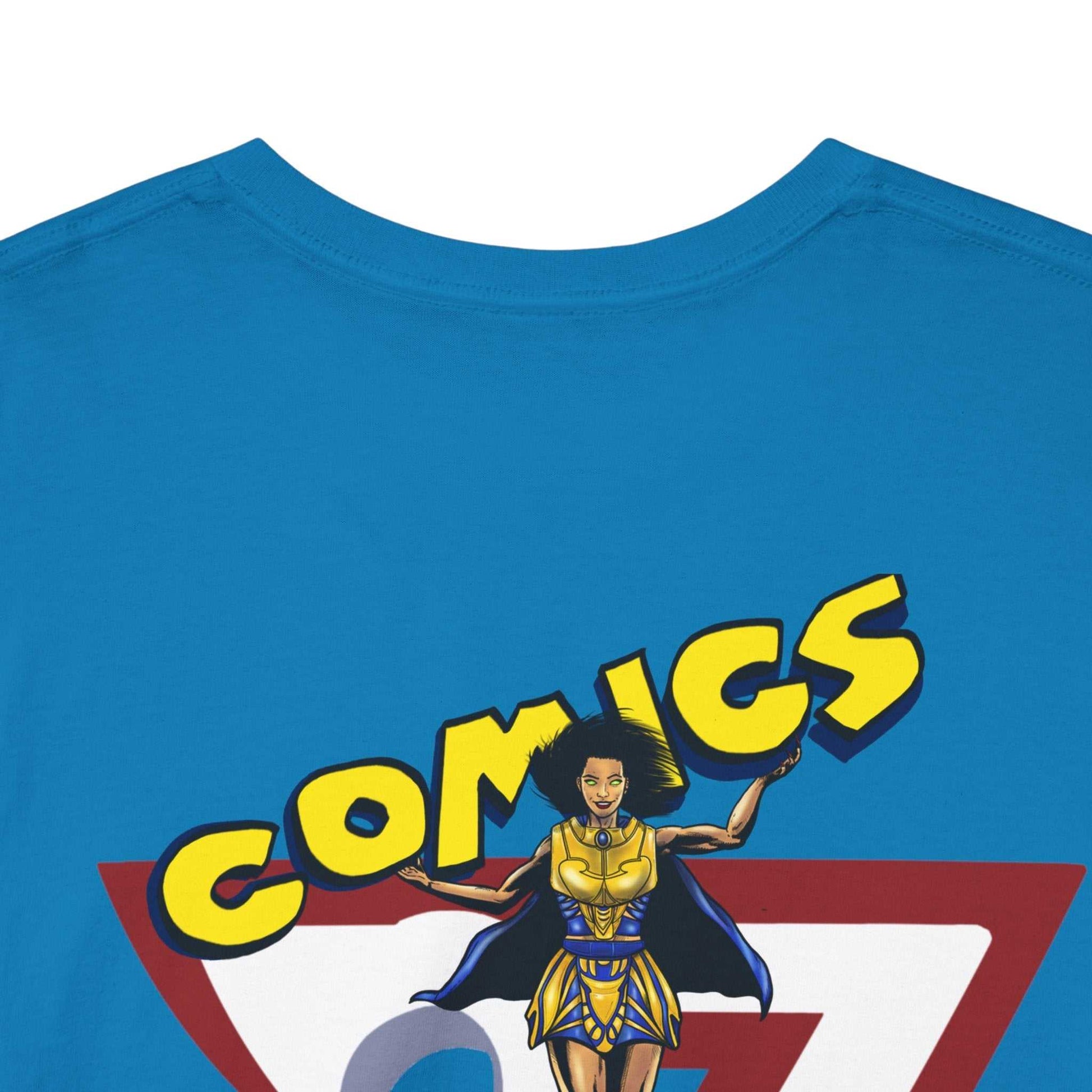 Close-up view of the back neckline on the sapphire retro comic art t-shirt, showing the seamless stitching above the dynamic superhero print.