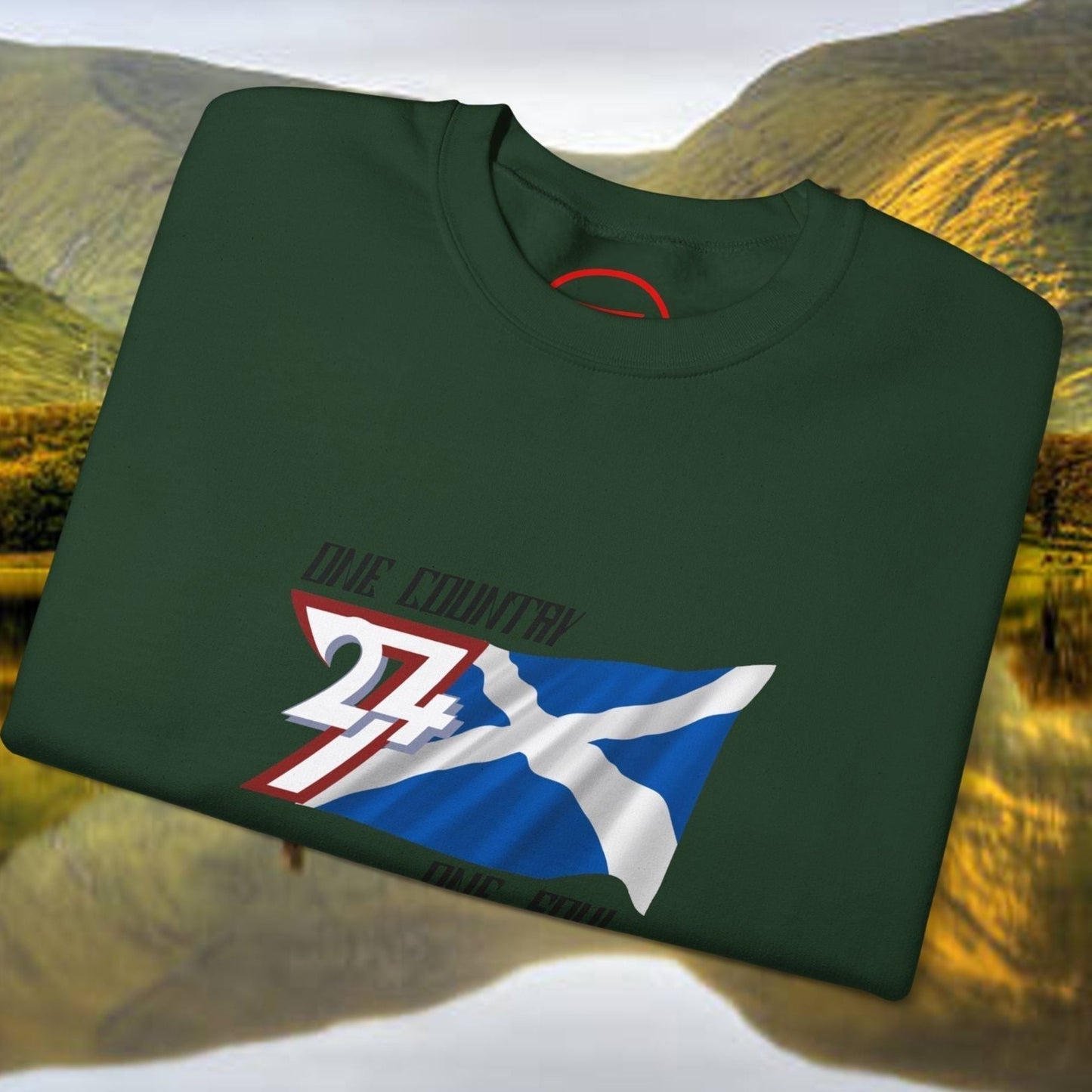 Scotland Saltire Crewneck Sweatshirt with hand-drawn St. Andrew’s Cross design on dark green fabric