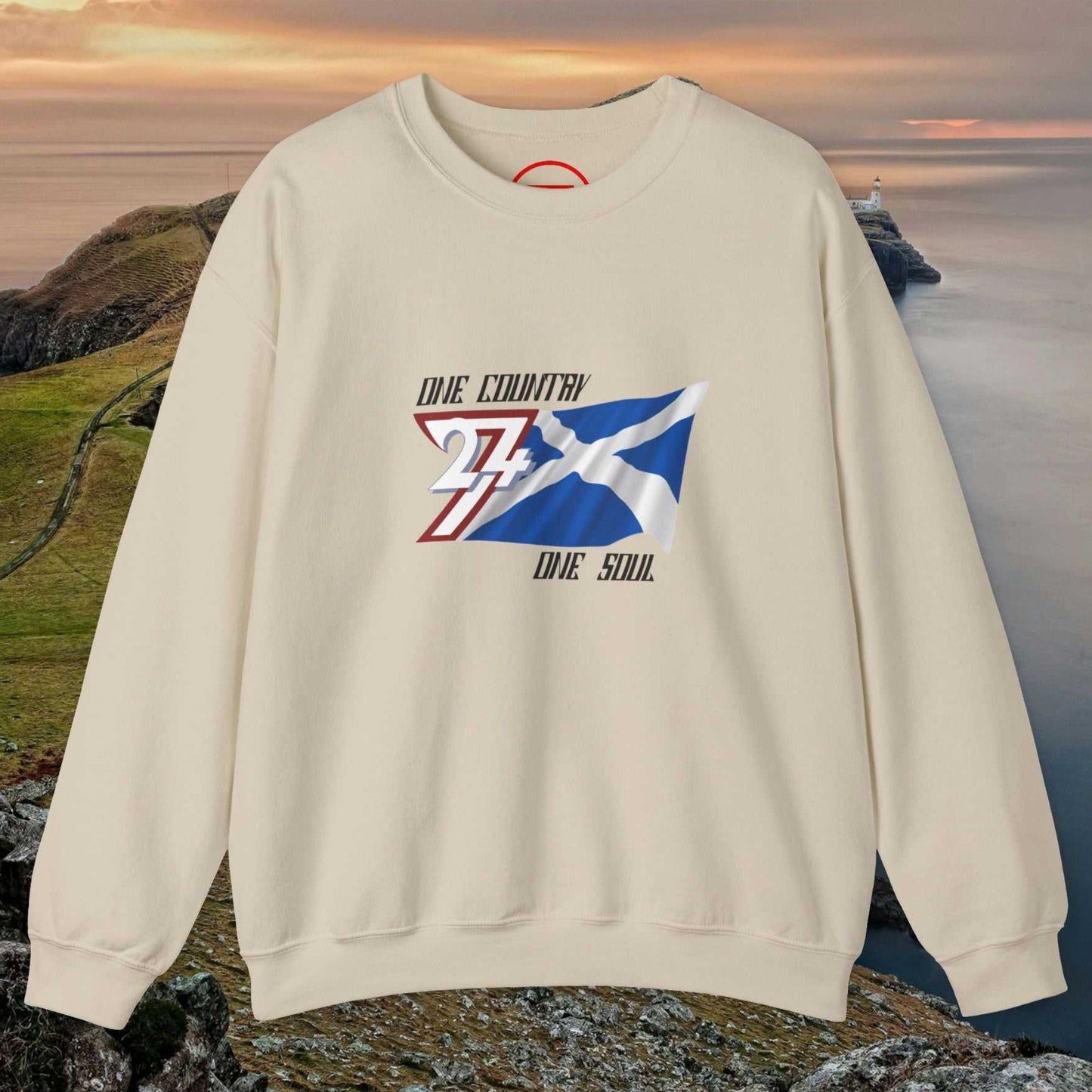 Scotland Saltire crewneck sweatshirt with hand-drawn St. Andrew’s Cross and "One Country One Soul" text on cream fabric