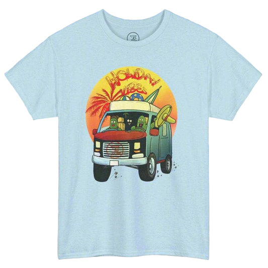 Sky Blue Adult Camper Van T-Shirt with family vacation artwork.