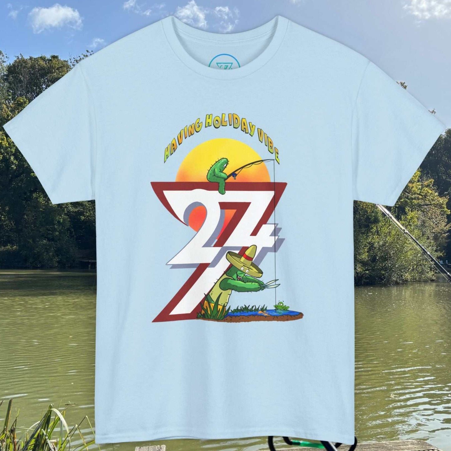 Sky blue father-son fishing shirt with ironic Having Holiday Vibe typography.