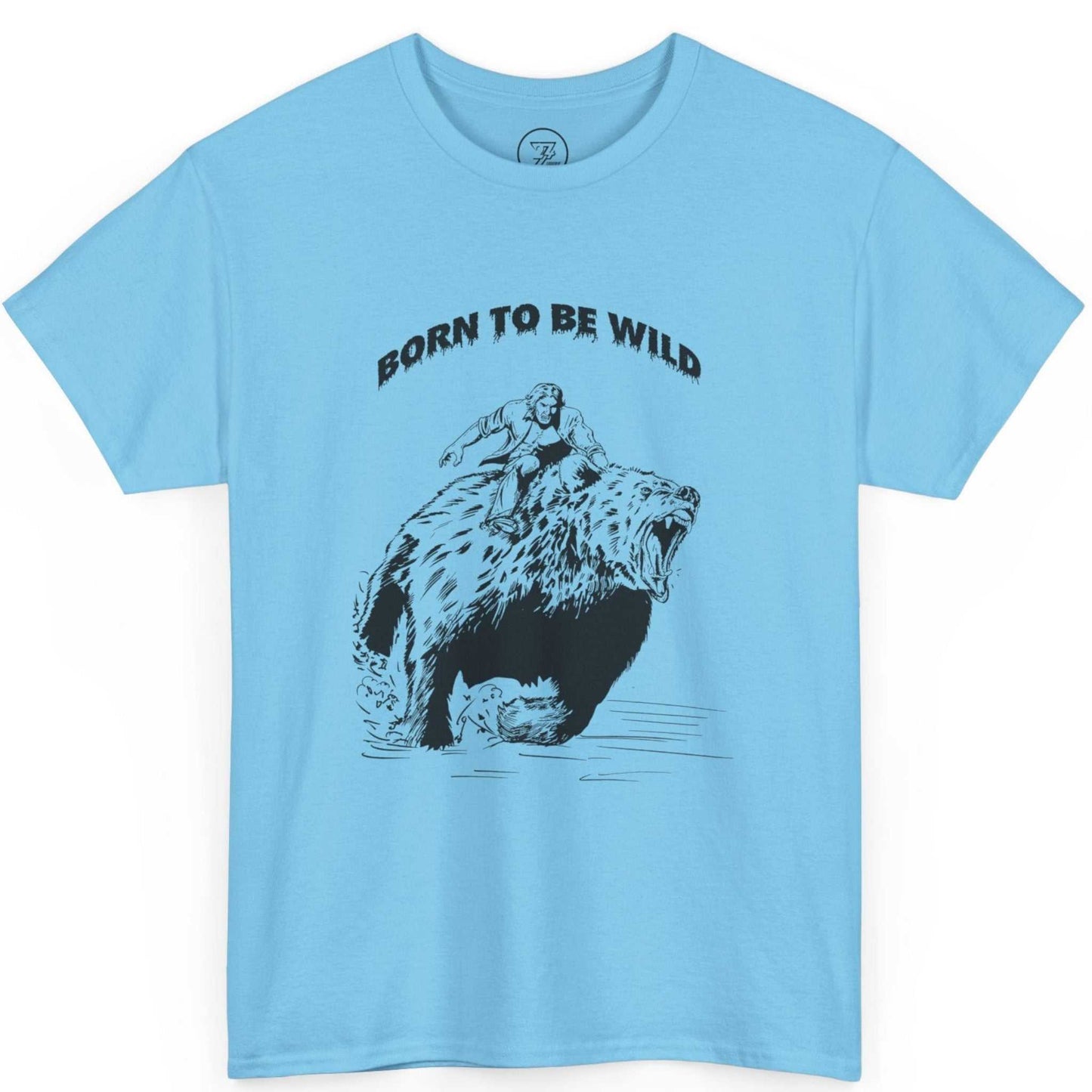 Flat lay of the sky blue retro outdoor apparel showing the vintage bear sketch.