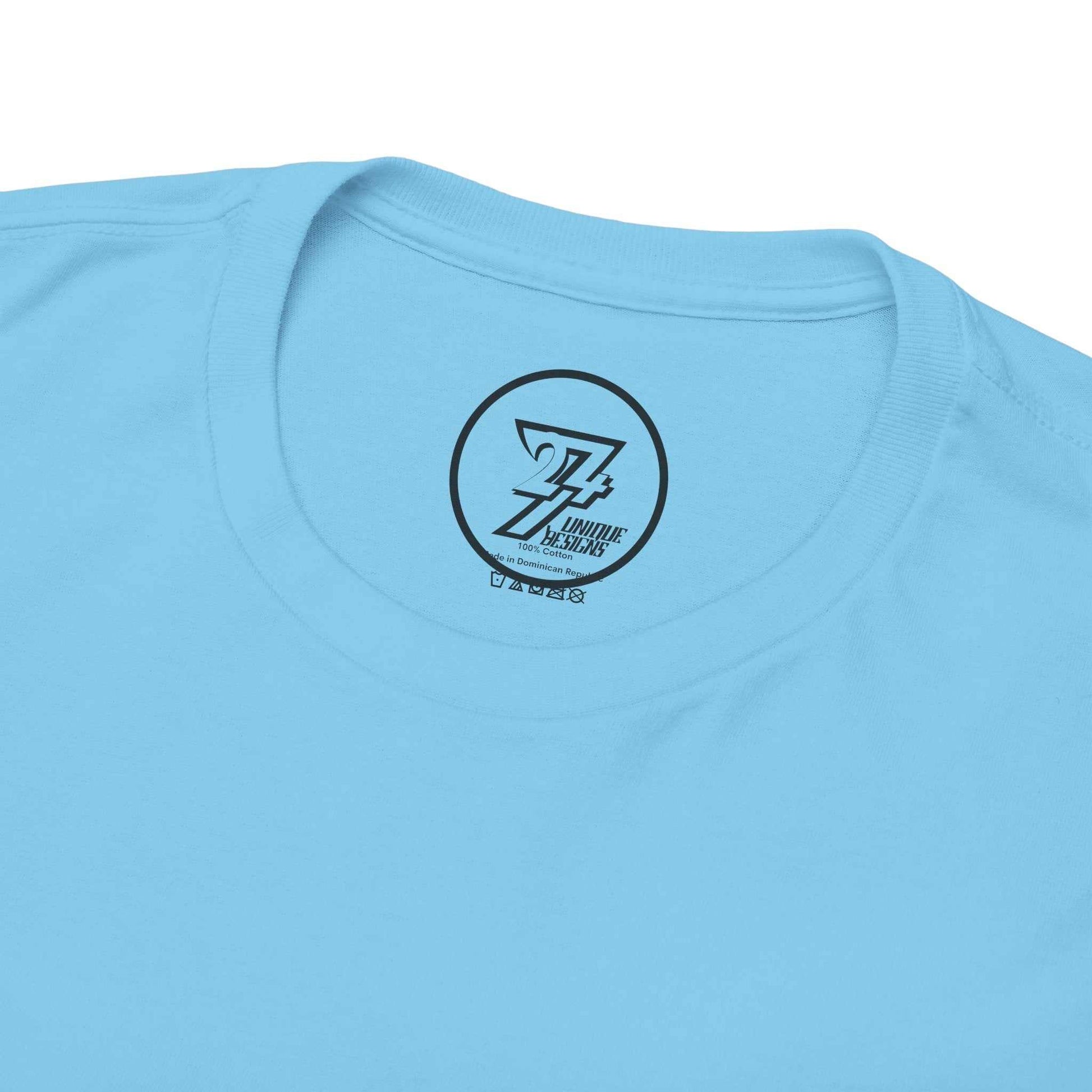 Close up of the shape-retaining ribbed knit neckline on the sky blue sarcastic quote shirt.