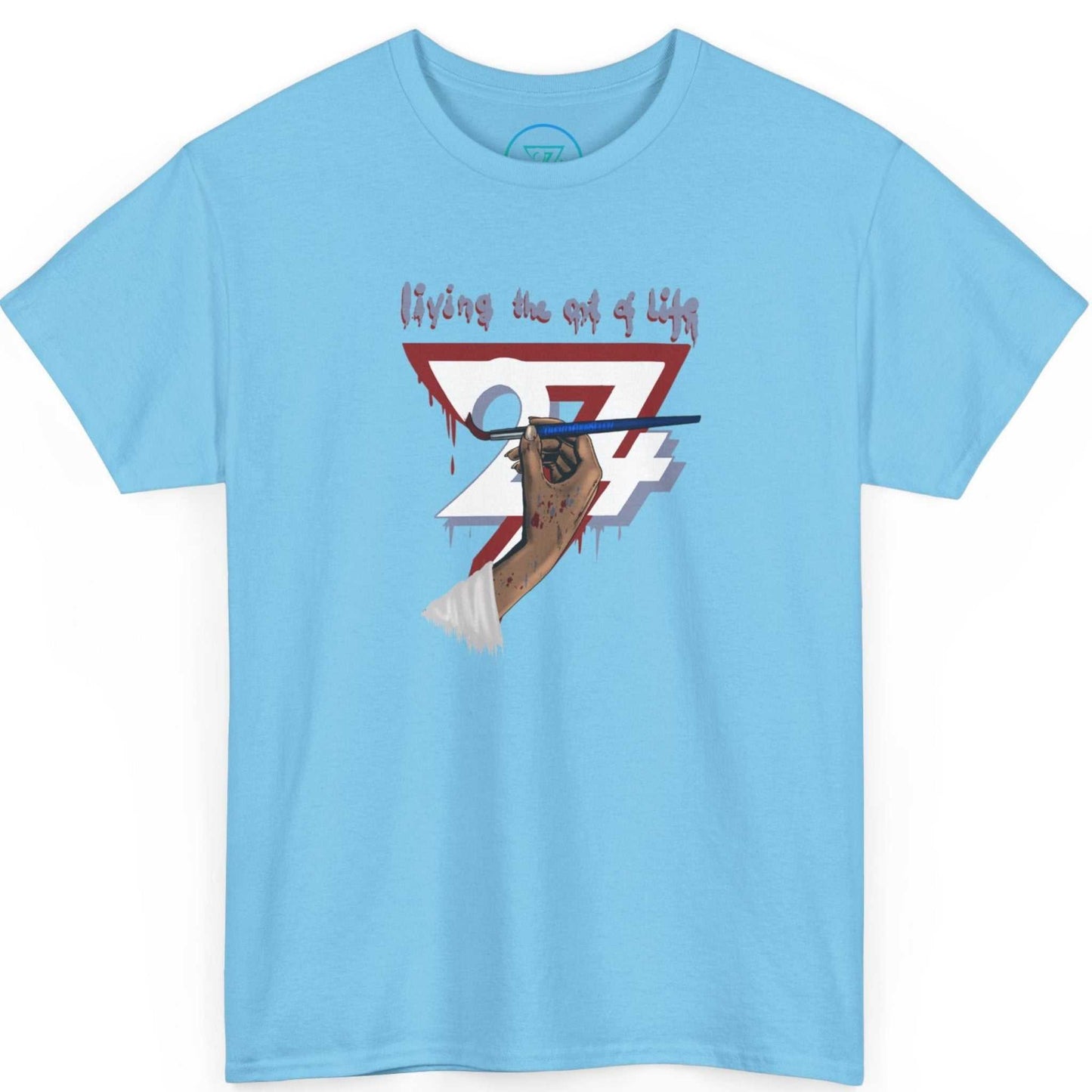 Light sky blue women's art clothing displaying the uplifting creative message, shown on a clean background.