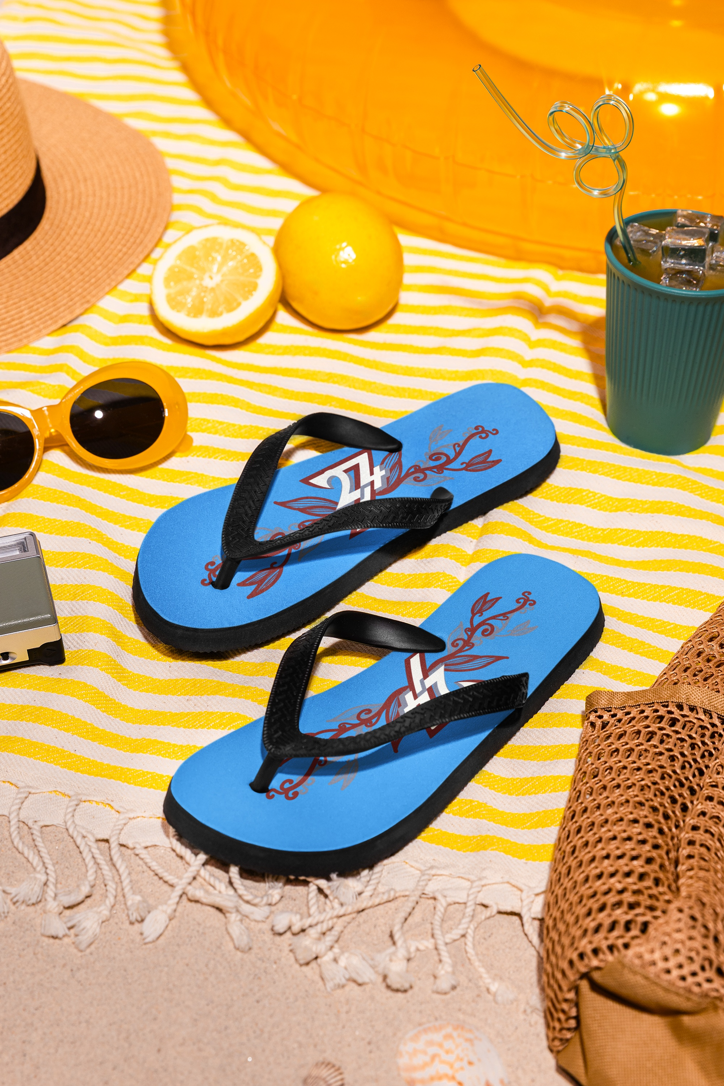 Blue Summer Flip Flops with 24/7 Floral Design