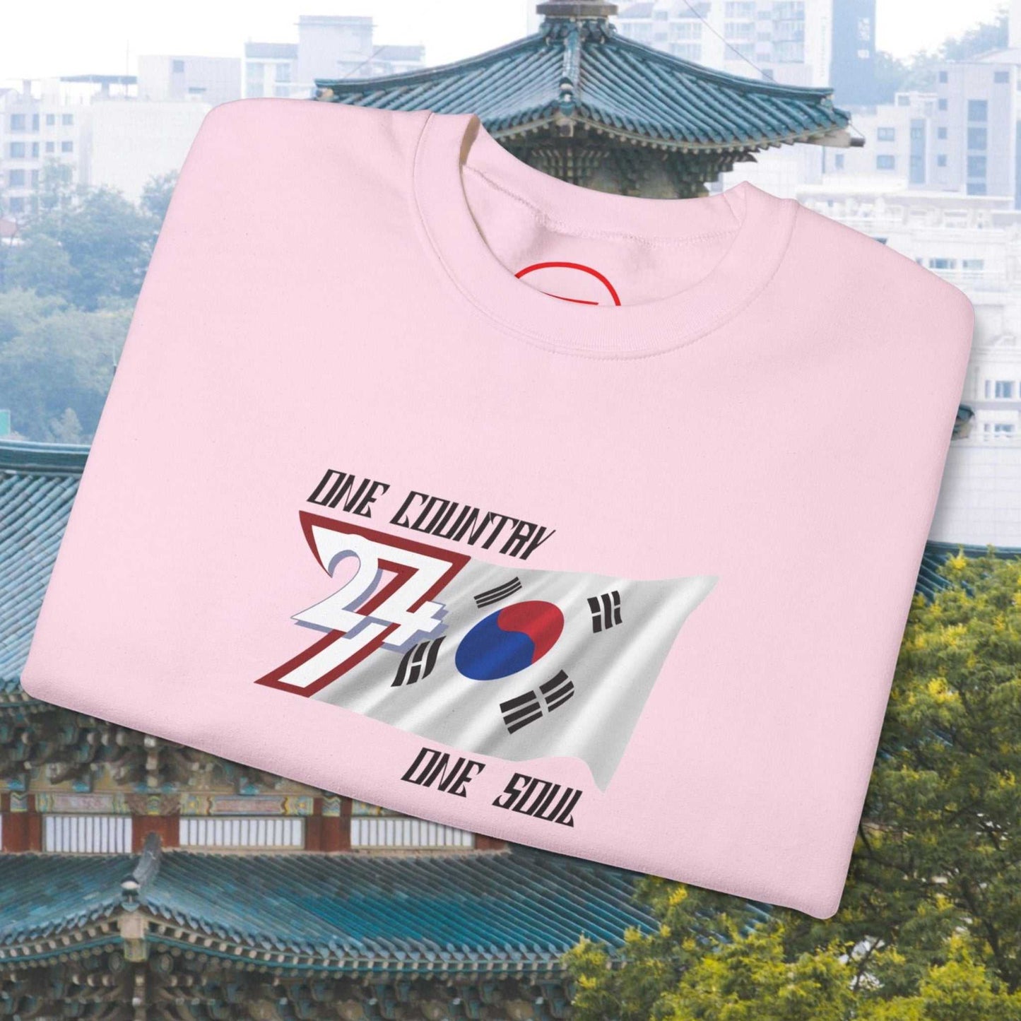 Pink South Korean flag sweatshirt with hand-drawn Korean graphic and "One Country One Soul" text on chest