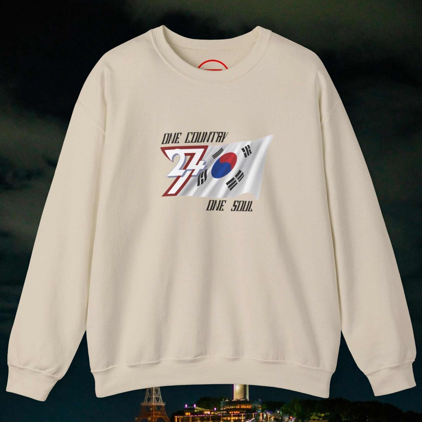 South Korean flag sweatshirt with hand-drawn graphic and "One Country One Soul" text on cream crewneck
