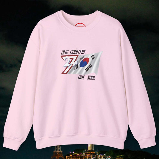 Pink crewneck sweatshirt with hand-drawn South Korean flag graphic and "One Country One Soul" text on chest