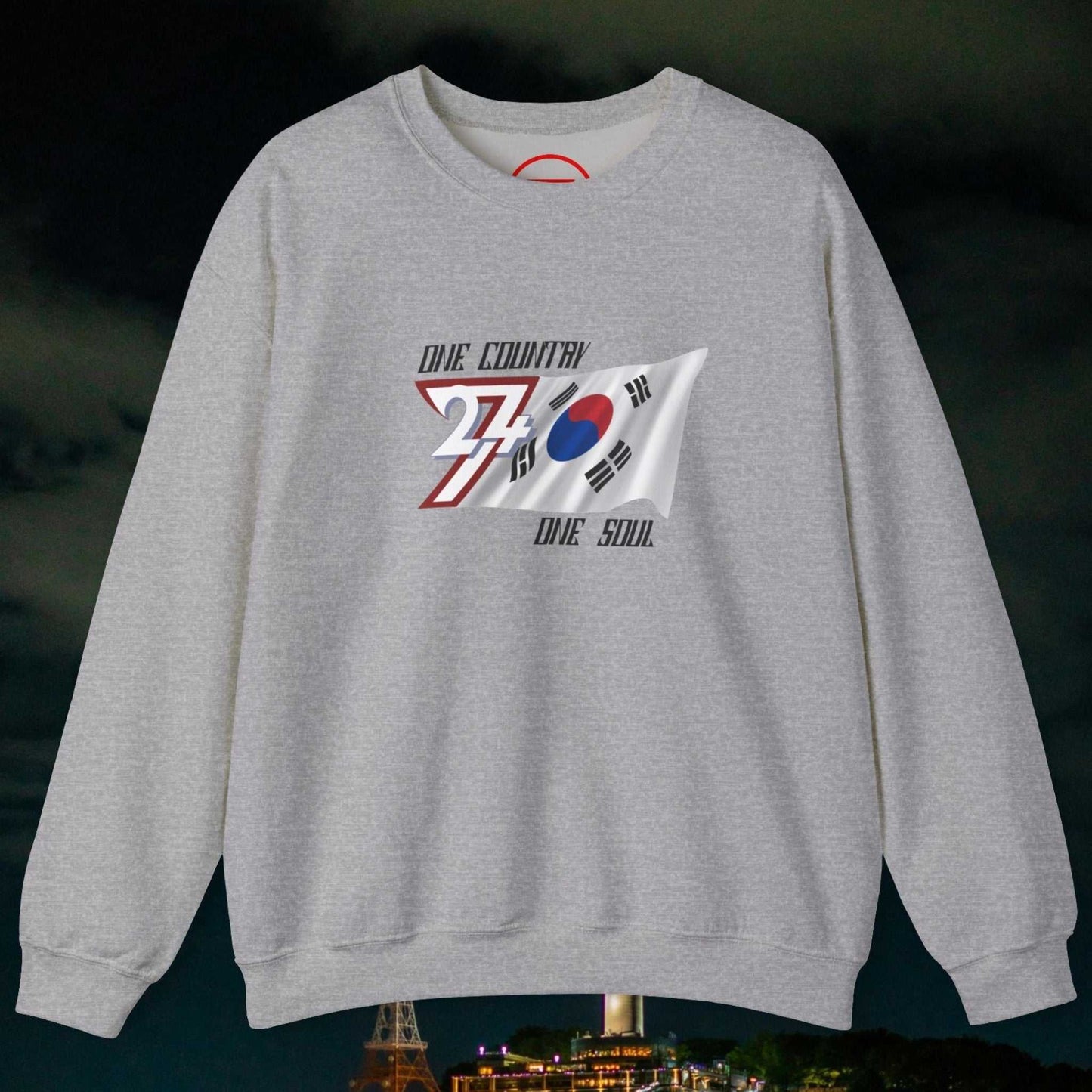Gray South Korean flag sweatshirt with hand-drawn graphic and "One Country One Soul" text on chest, crewneck style, medium-weight cotton-poly blend.