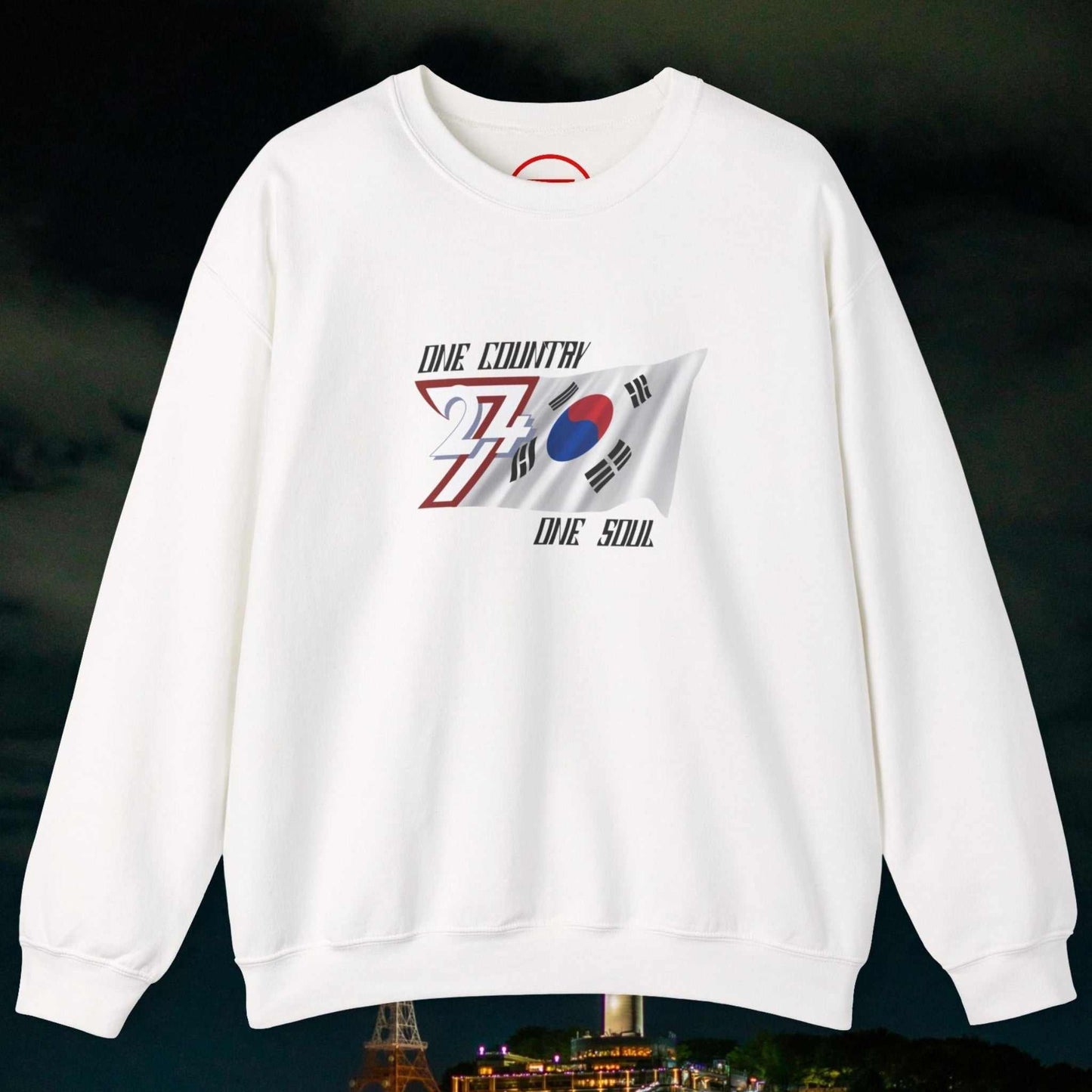 White South Korean flag sweatshirt with hand-drawn Korean graphic and "One Country One Soul" text crewneck design