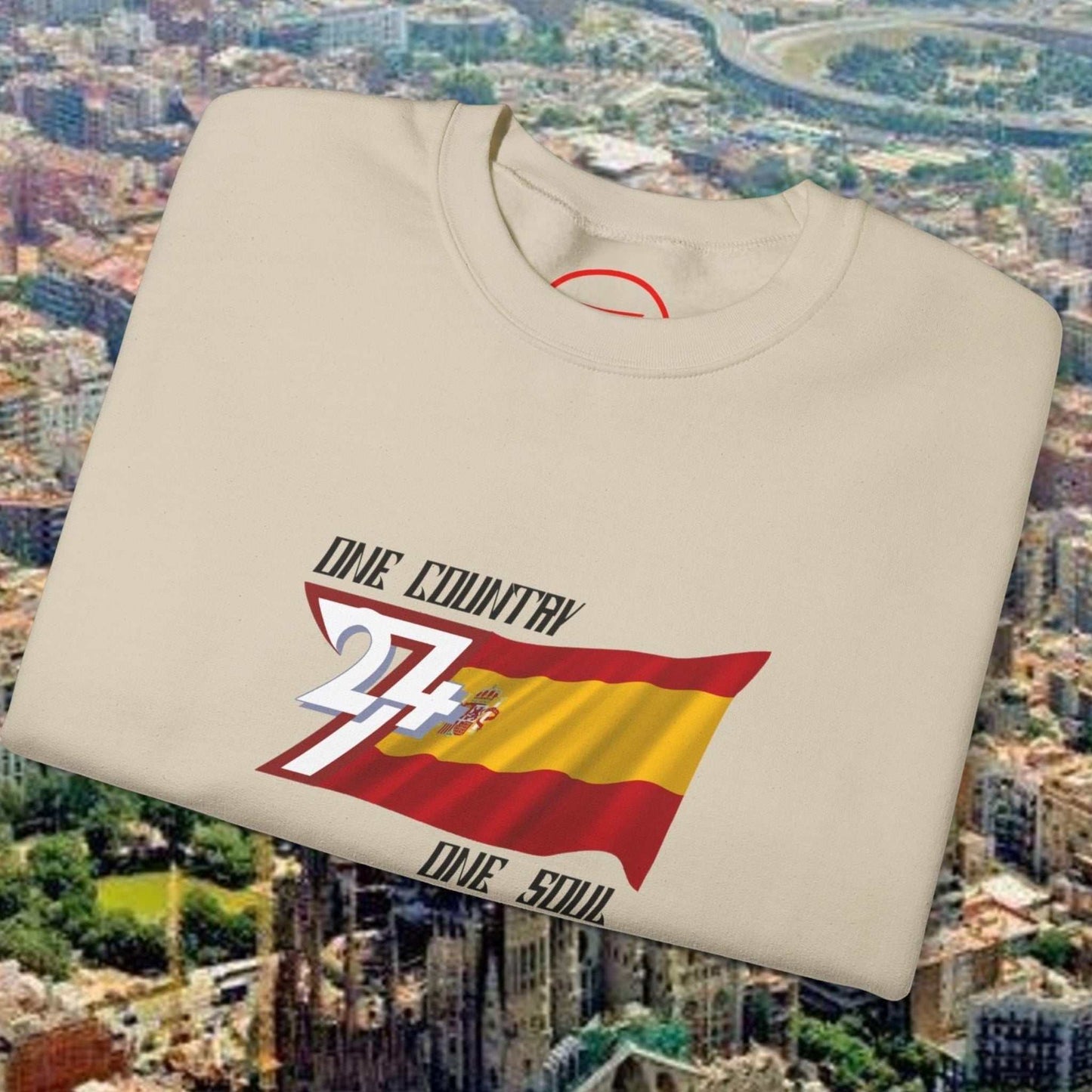 Beige Spain Flag Sweatshirt with hand-drawn red and yellow flag design and "One Country One Soul" text, casual crewneck style for sports and everyday wear