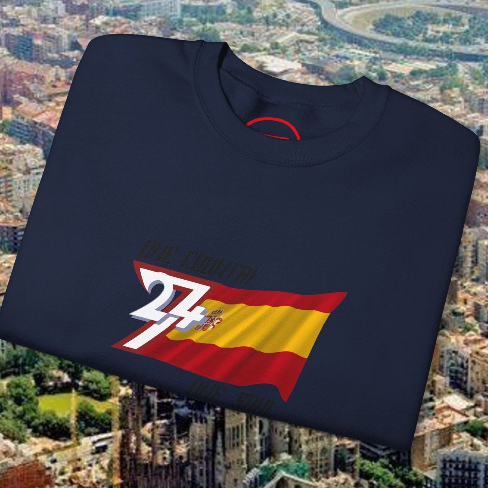 Navy Spain Flag Sweatshirt with hand-drawn red and yellow flag graphic for casual and sports wear.
