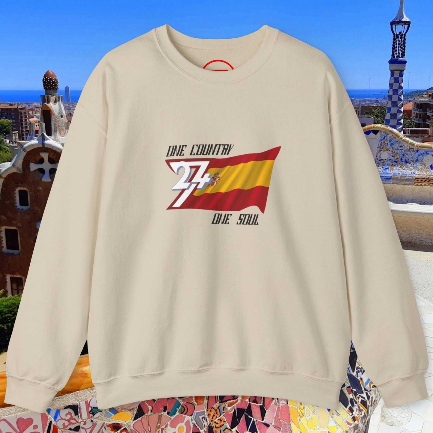 Spain Flag Sweatshirt with hand-drawn Spain flag graphic and "One Country One Soul" text on beige casual crewneck.
