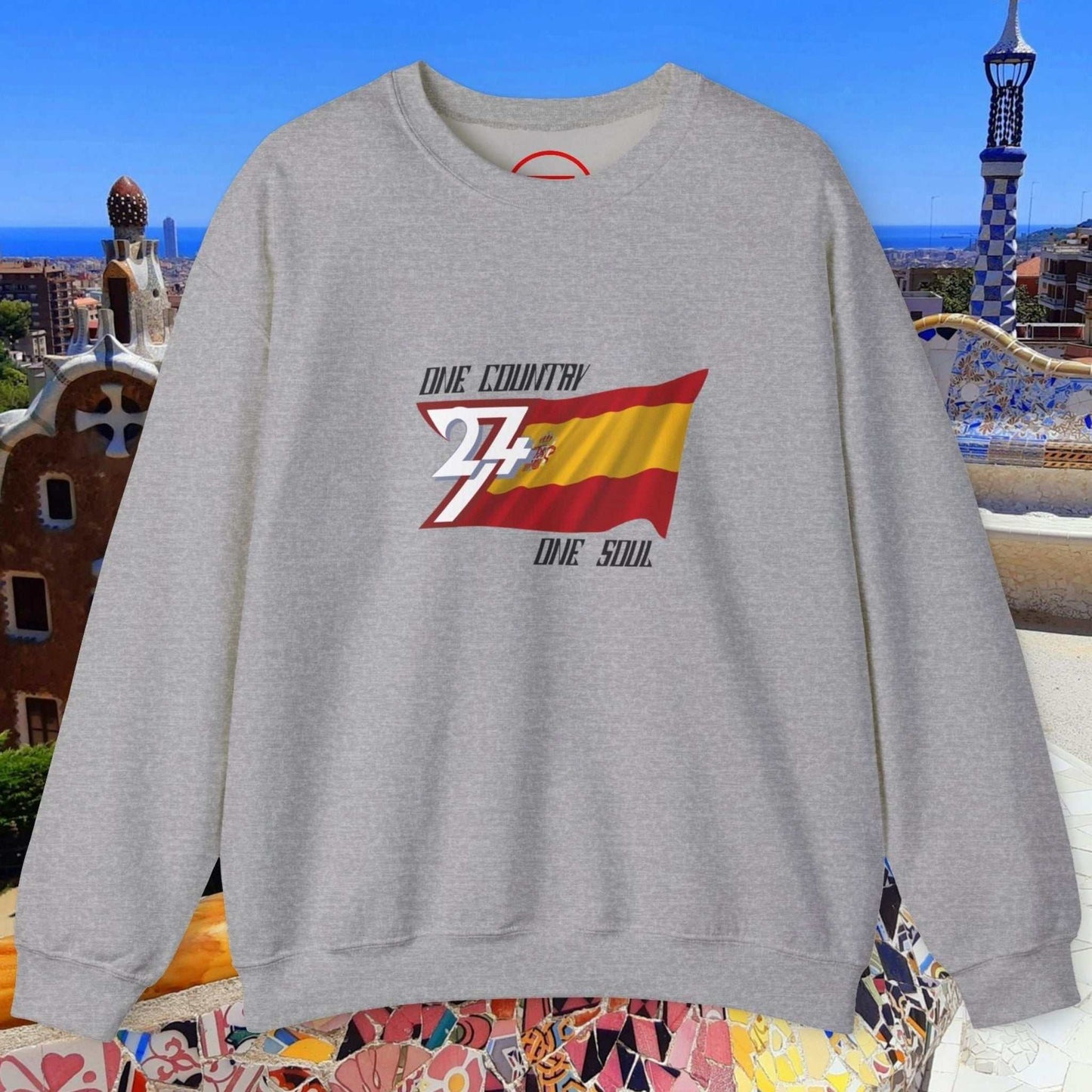 Grey Spain Flag Sweatshirt with hand-drawn flag graphic and "One Country One Soul" text in casual crewneck design