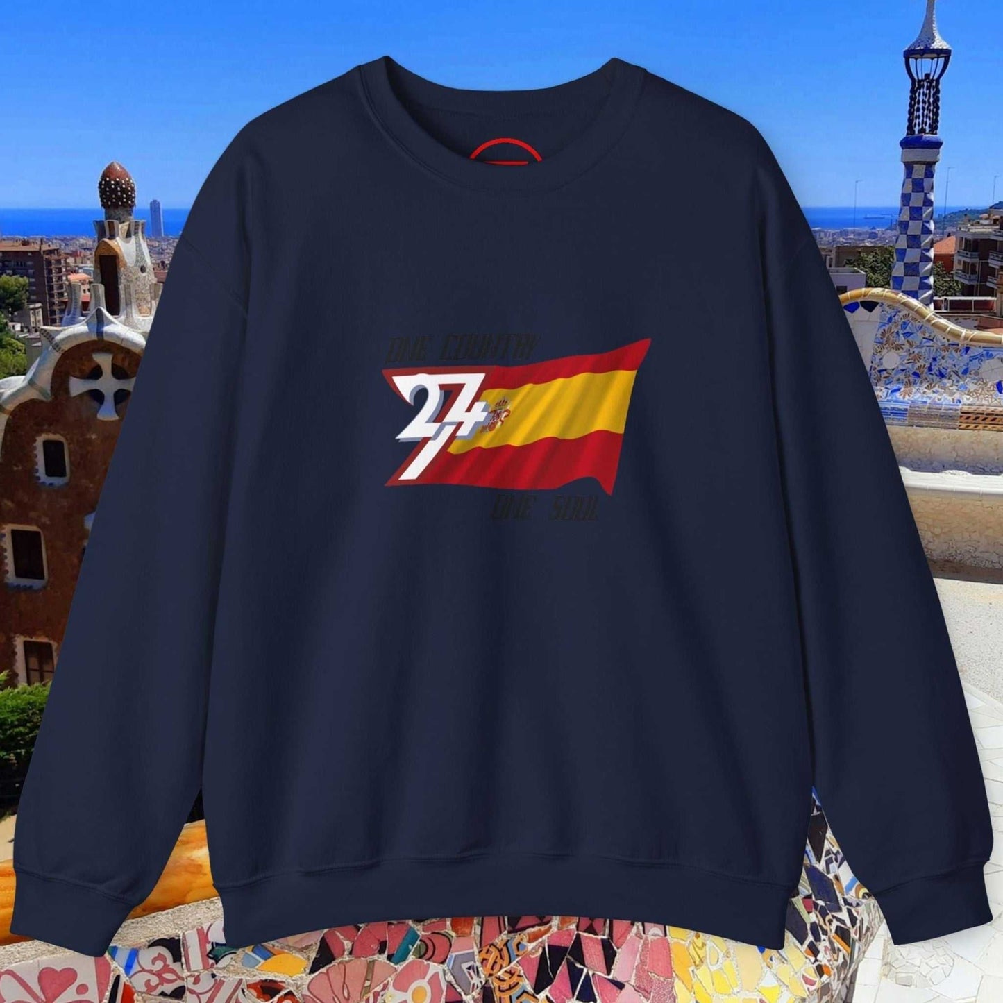 Navy crewneck sweatshirt with hand-drawn Spain flag graphic and sporty casual design