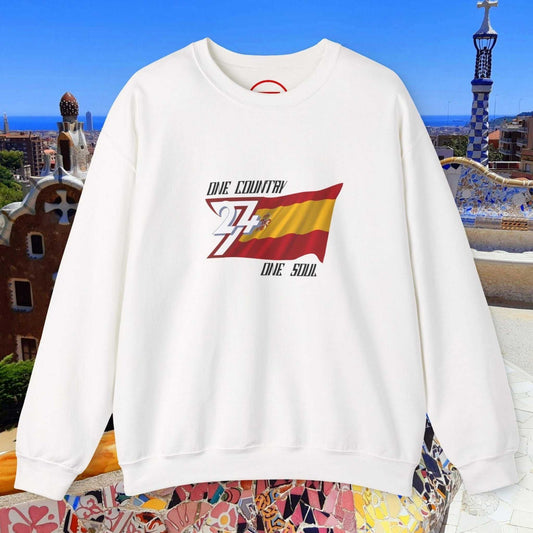 White Spain Flag Sweatshirt with hand-drawn Spanish flag graphic and "One Country One Soul" text on front, casual crewneck design