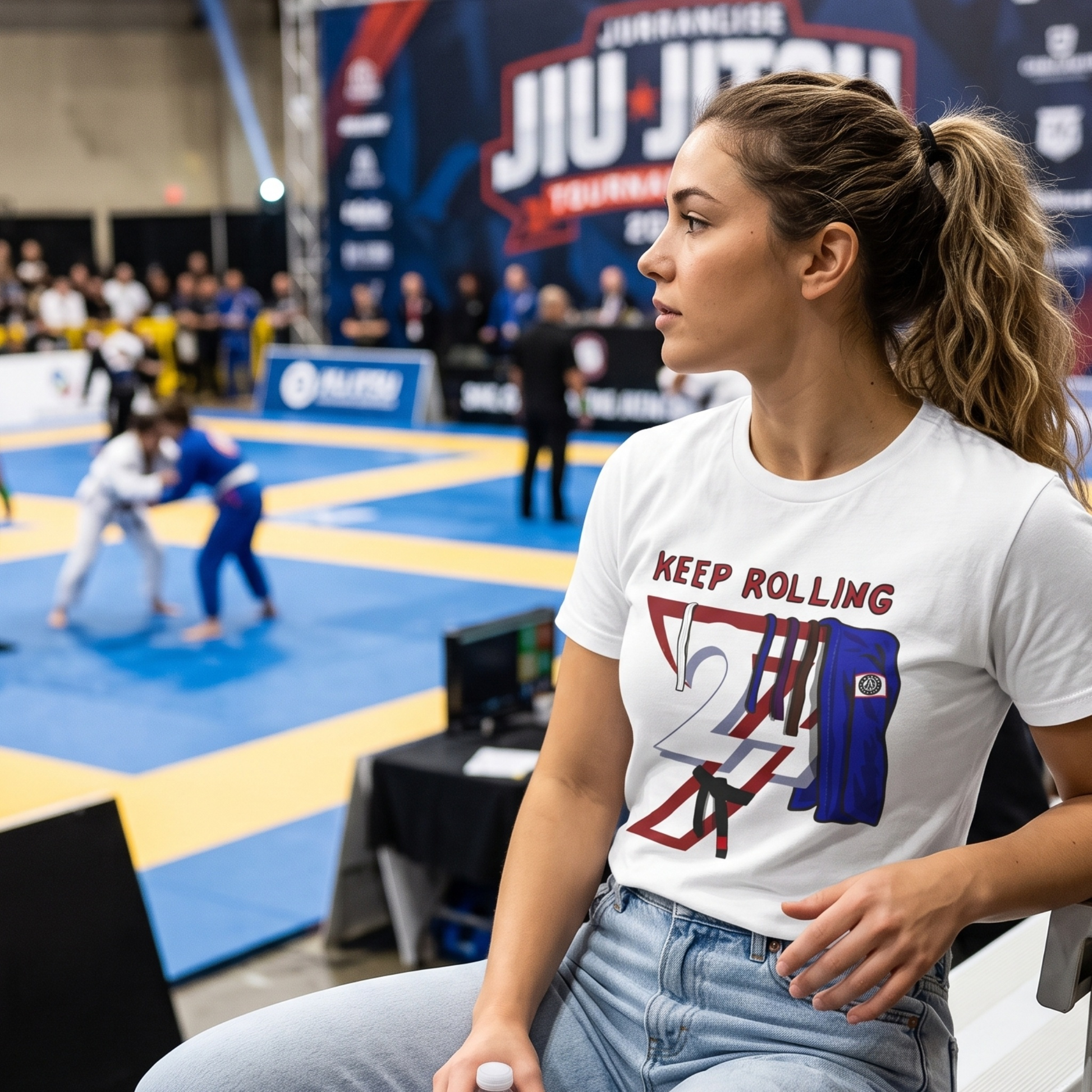 Female grappling enthusiast wearing the white Brazilian Jiu-Jitsu lifestyle t-shirt, sitting in the bleachers and watching a live BJJ tournament on the competition mats.
