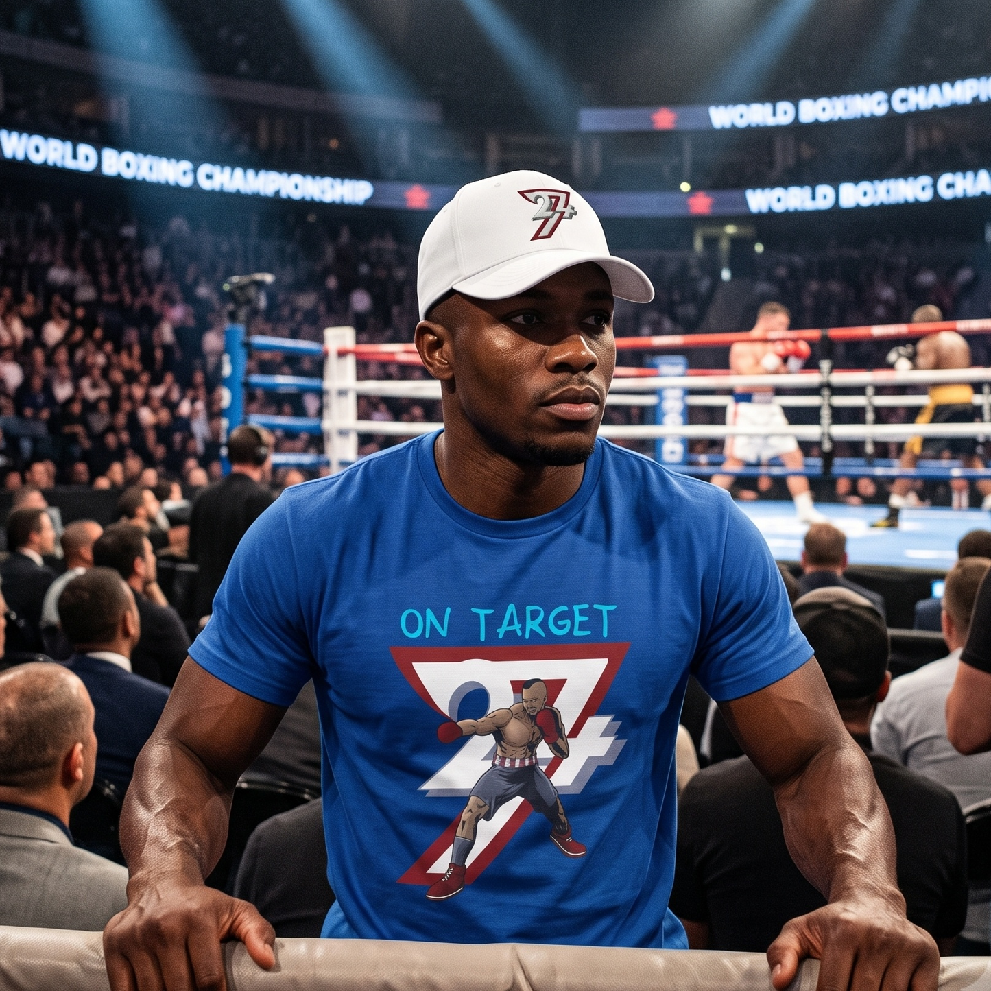 Focused man standing ringside at a packed World Boxing Championship arena, wearing the royal blue comic style fighter shirt and white 24/7 cap, highlighting the premium combat sports lifestyle aesthetic.