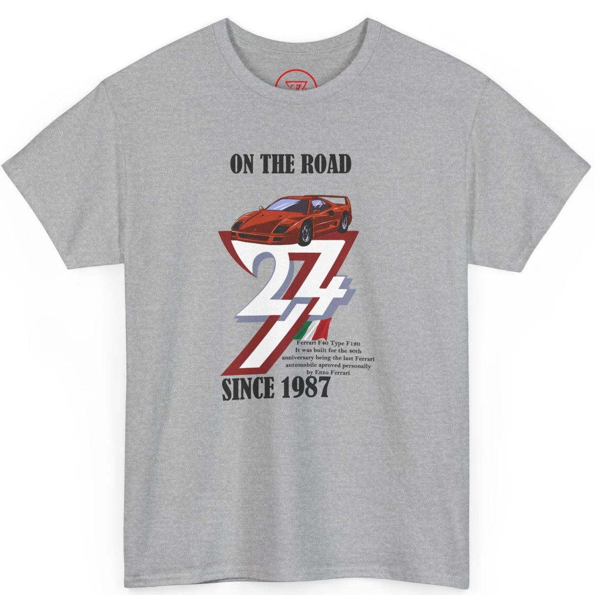 Front view of a sport gray 1987 birthday gift for men tee featuring the colorful Ferrari F40 graphic and Italian flag accents, displayed on a clean background.