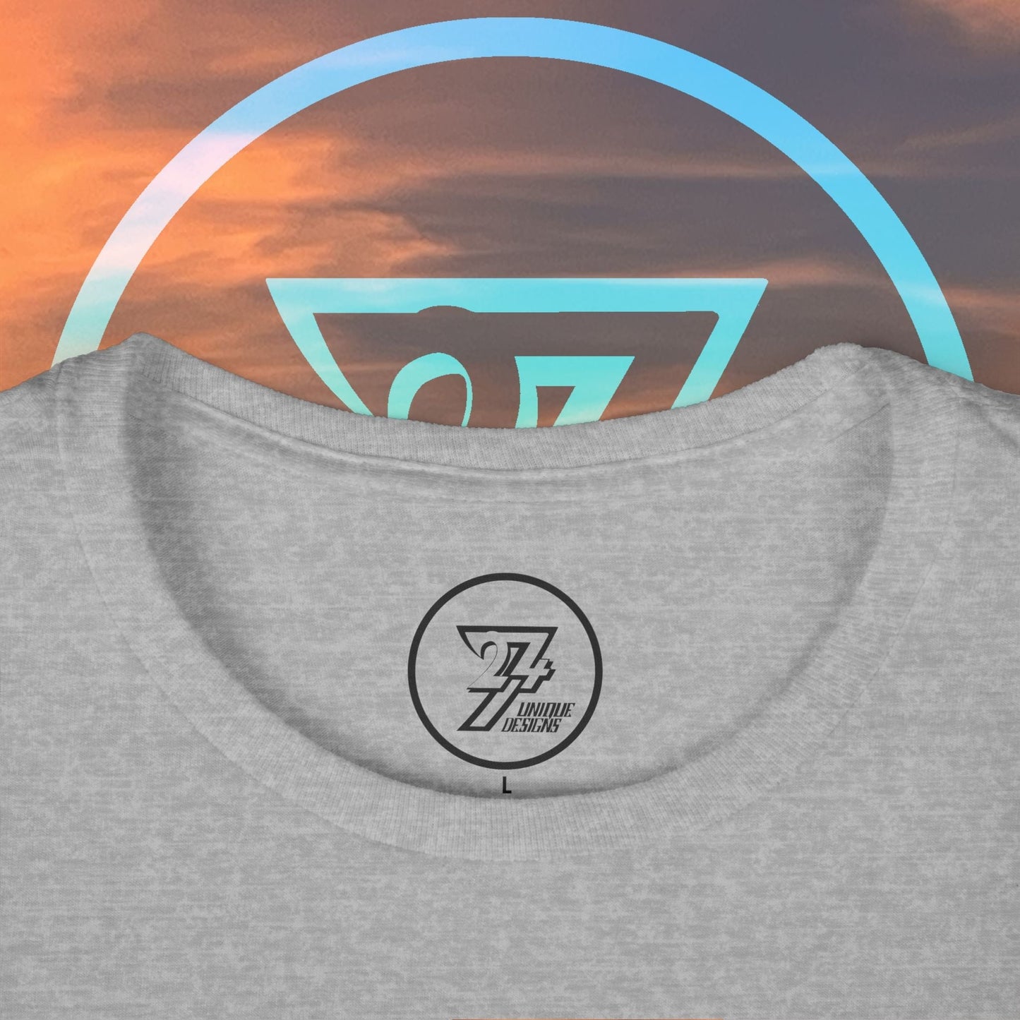 Close up view of the inner neckline of the sport gray floral wreath tee showing a custom 24/7 trademark printed tagless label.
