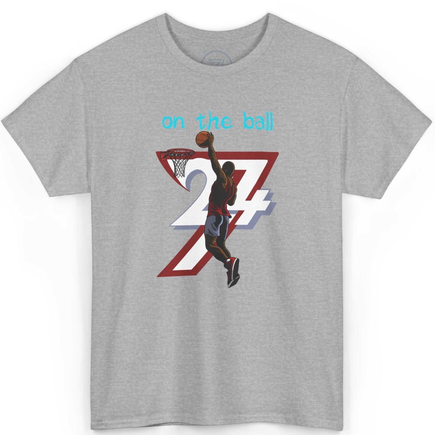 Front view of a sport gray 90s comic-style basketball tee featuring the crisp digitally hand-drawn sports art, displayed on a clean background.