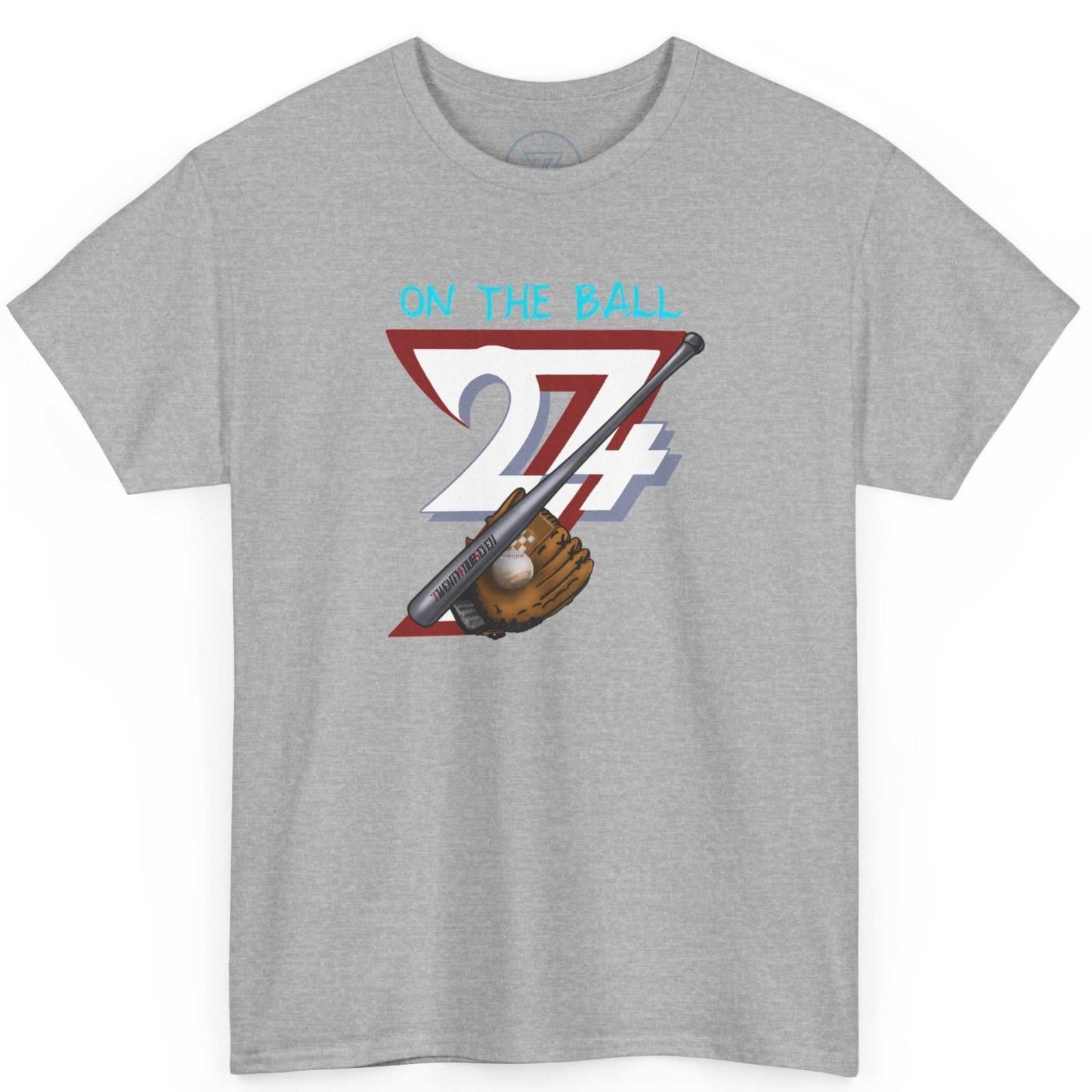 Front view of a sport gray American pride baseball apparel tee featuring the digitally hand-drawn sports graphic, laid flat.