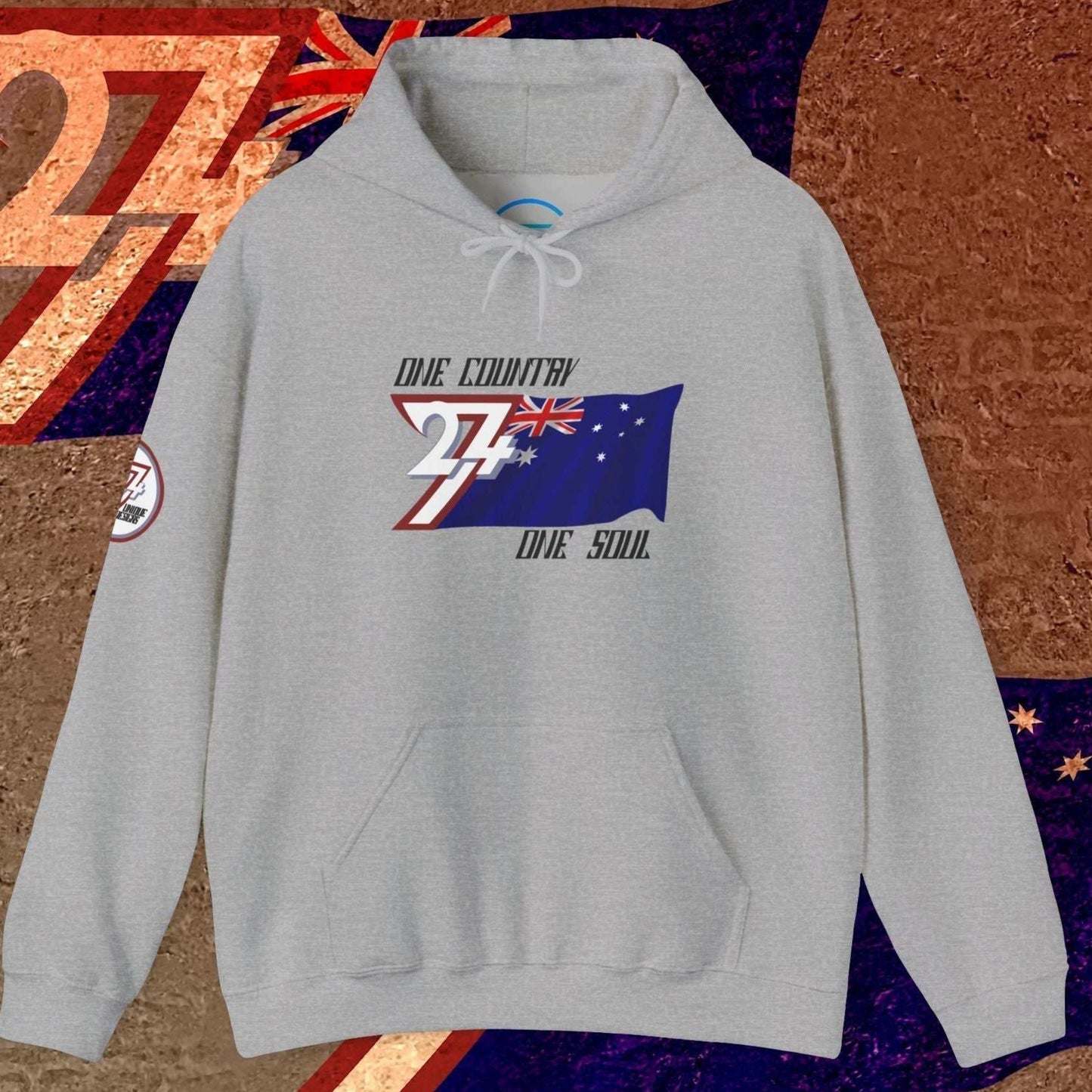 Sport Gray Australia flag hoodie showing high-contrast "Atelier" graphic and premium 8oz texture.