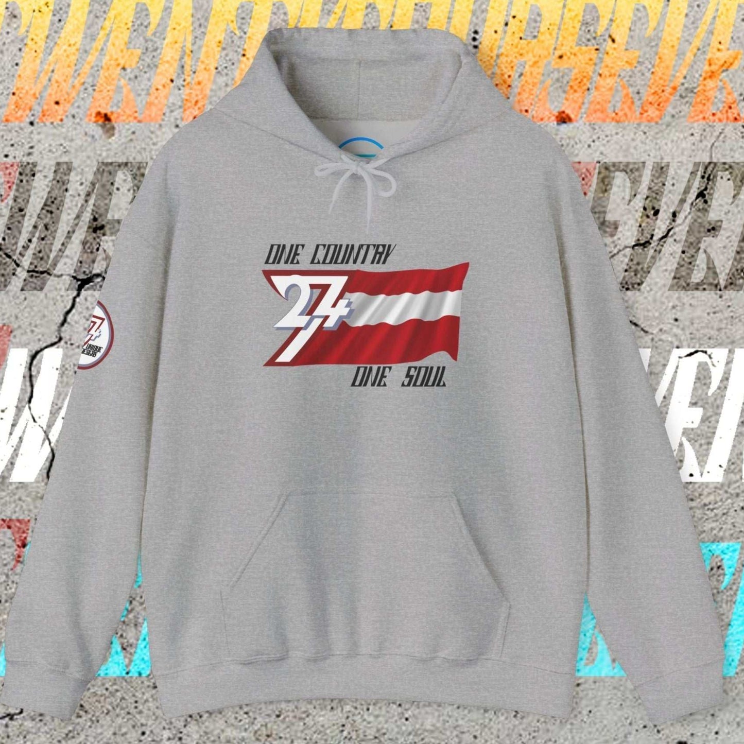 Sport Gray Austria flag hoodie showing high-contrast "Atelier" graphic and premium 8oz texture.