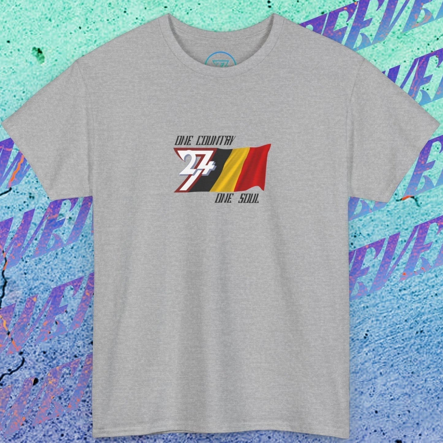 Front perspective of the Sport Gray Belgium flag tee featuring the refined artist-original design.
