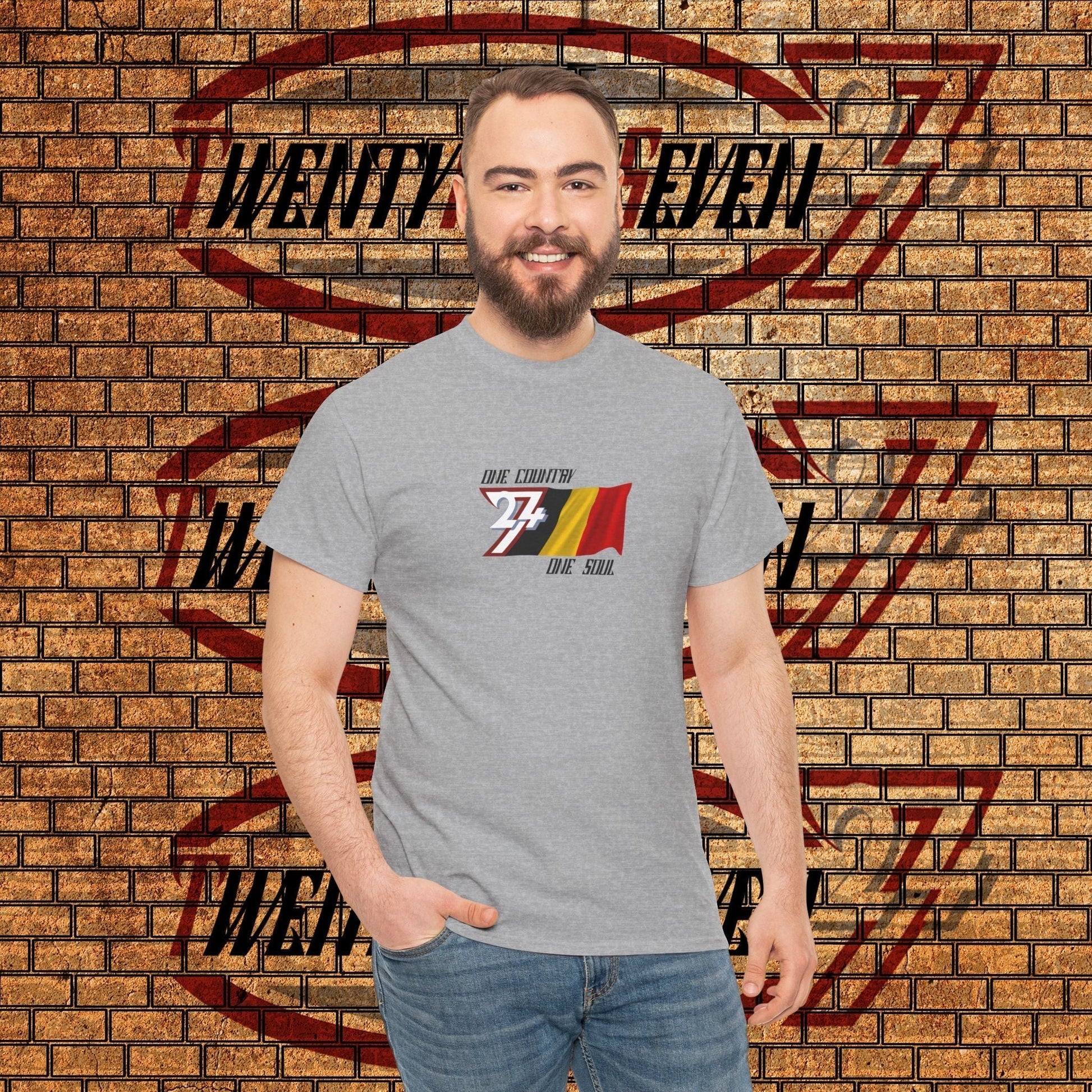 Model wearing the Belgium "Brave" edition tee in Sport Gray, showing a bold, refined streetwear look.