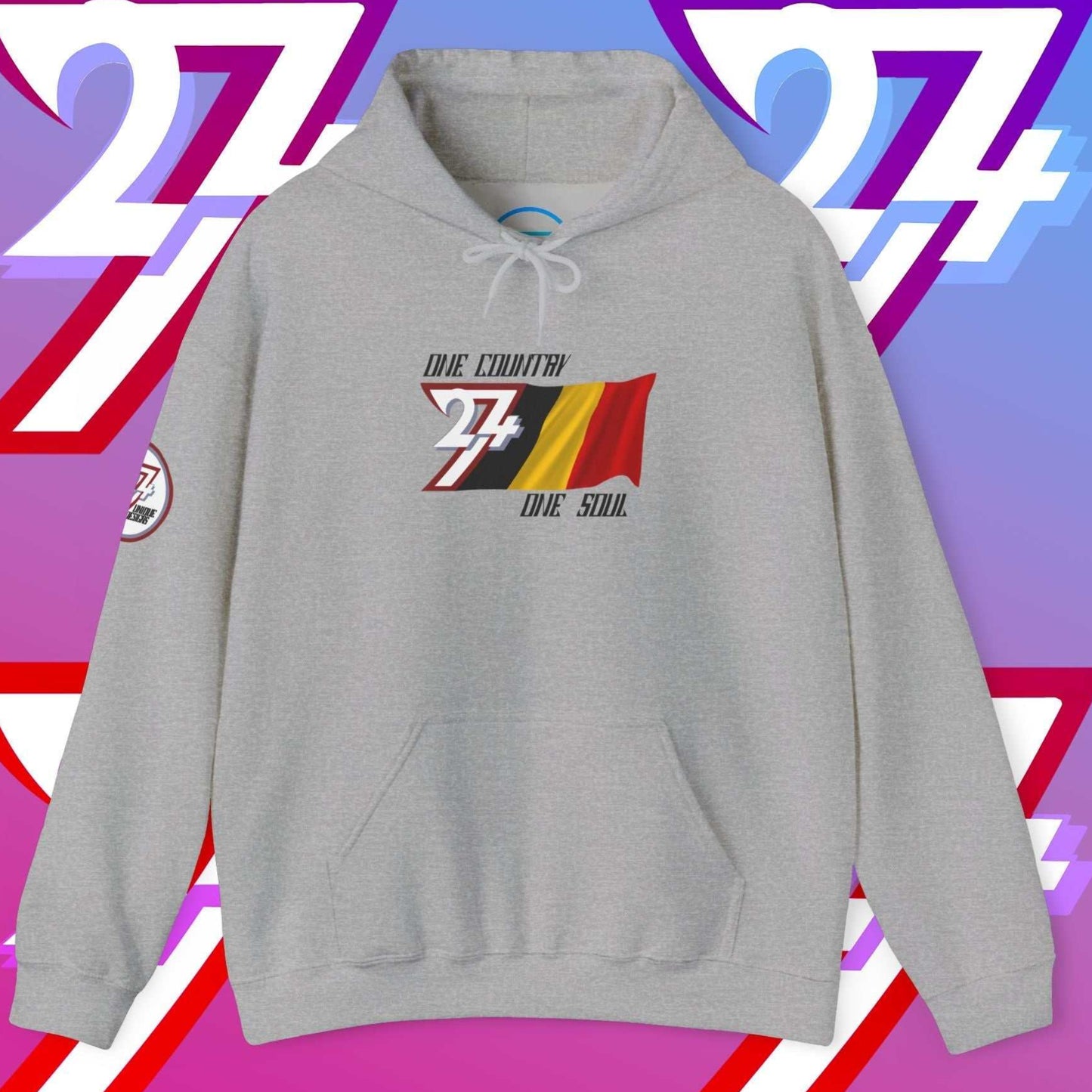 Sport Gray Belgium flag hoodie showing high-contrast "Atelier" graphic and premium 8oz texture.