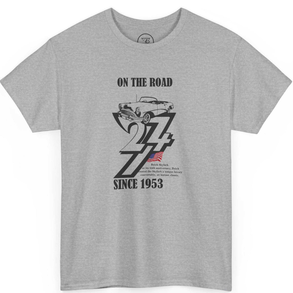 Front view of a sport gray born in 1953 t-shirt showcasing the detailed vintage convertible car graphic, displayed on a clean background.